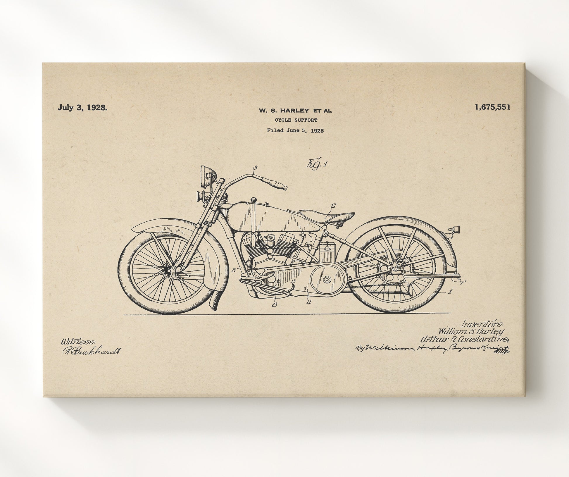 Patent Print - Cycle Support - William S Harley - 1928 - Patent 1675551 - Landscape Patent Wall Art