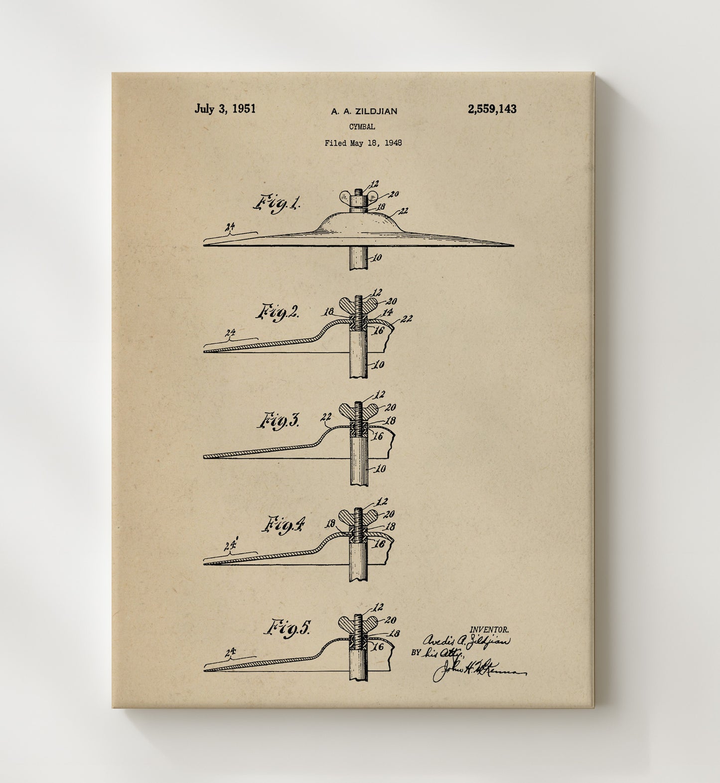 Patent Print - Cymbal - A. A. Zildjian - 1951 - Patent 2559143 Patent Wall Art