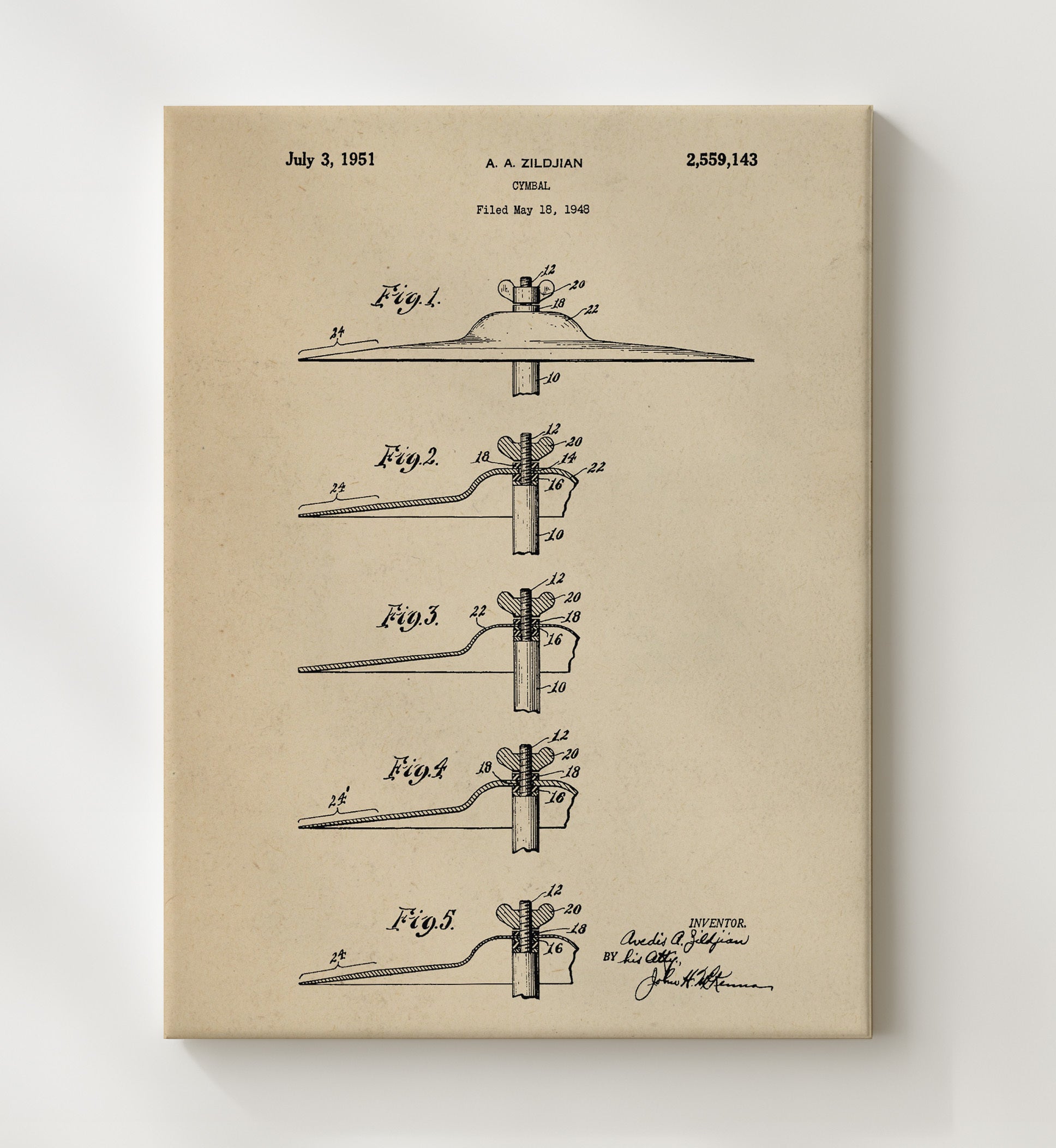 Patent Print - Cymbal - A. A. Zildjian - 1951 - Patent 2559143 Patent Wall Art