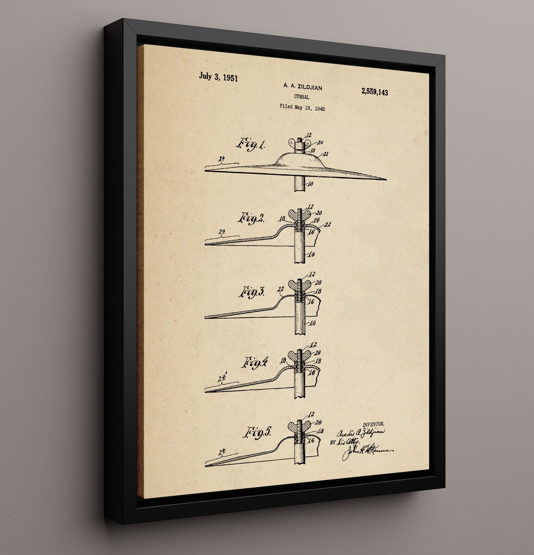 Patent Print - Cymbal - A. A. Zildjian - 1951 - Patent 2559143 Patent Wall Art