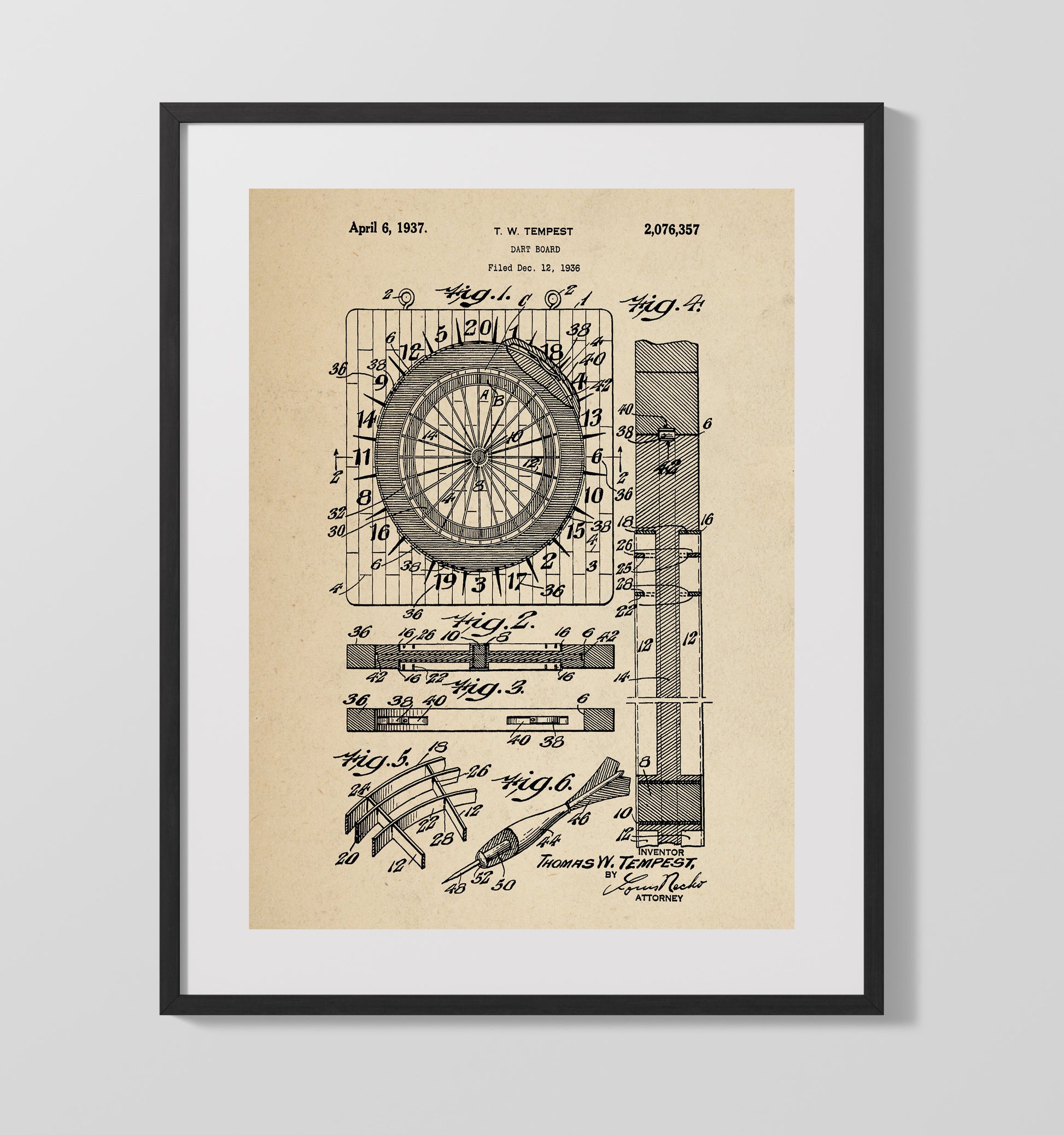 Patent Print - Dart Board - Thomas W Tempest - 1937 - Patent 2076357 Patent Wall Art