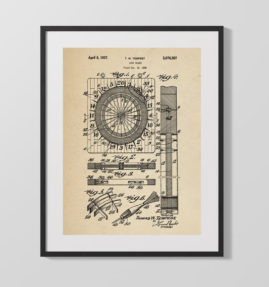 Dart Board - 1937 Patent - 16x20 Gallery Frame