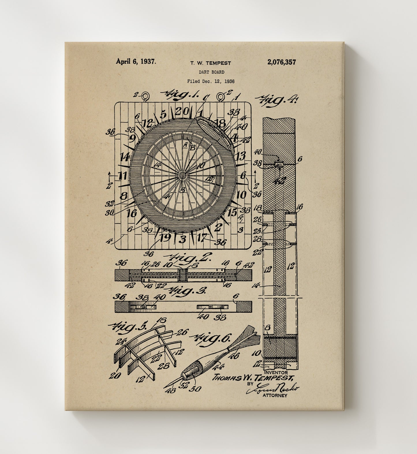 Patent Print - Dart Board - Thomas W Tempest - 1937 - Patent 2076357 Patent Wall Art
