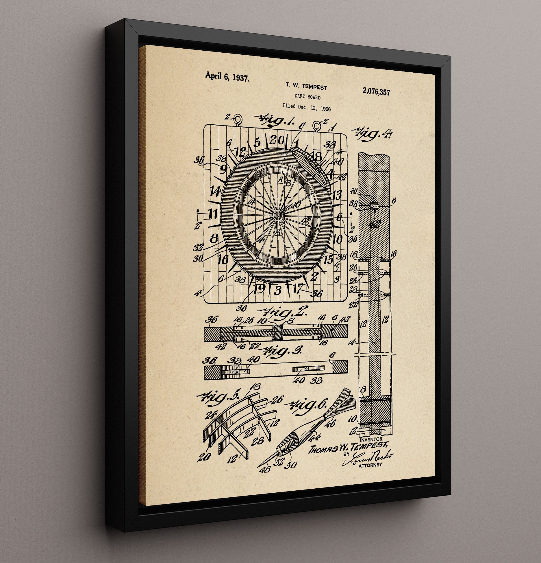 Patent Print - Dart Board - Thomas W Tempest - 1937 - Patent 2076357 Patent Wall Art