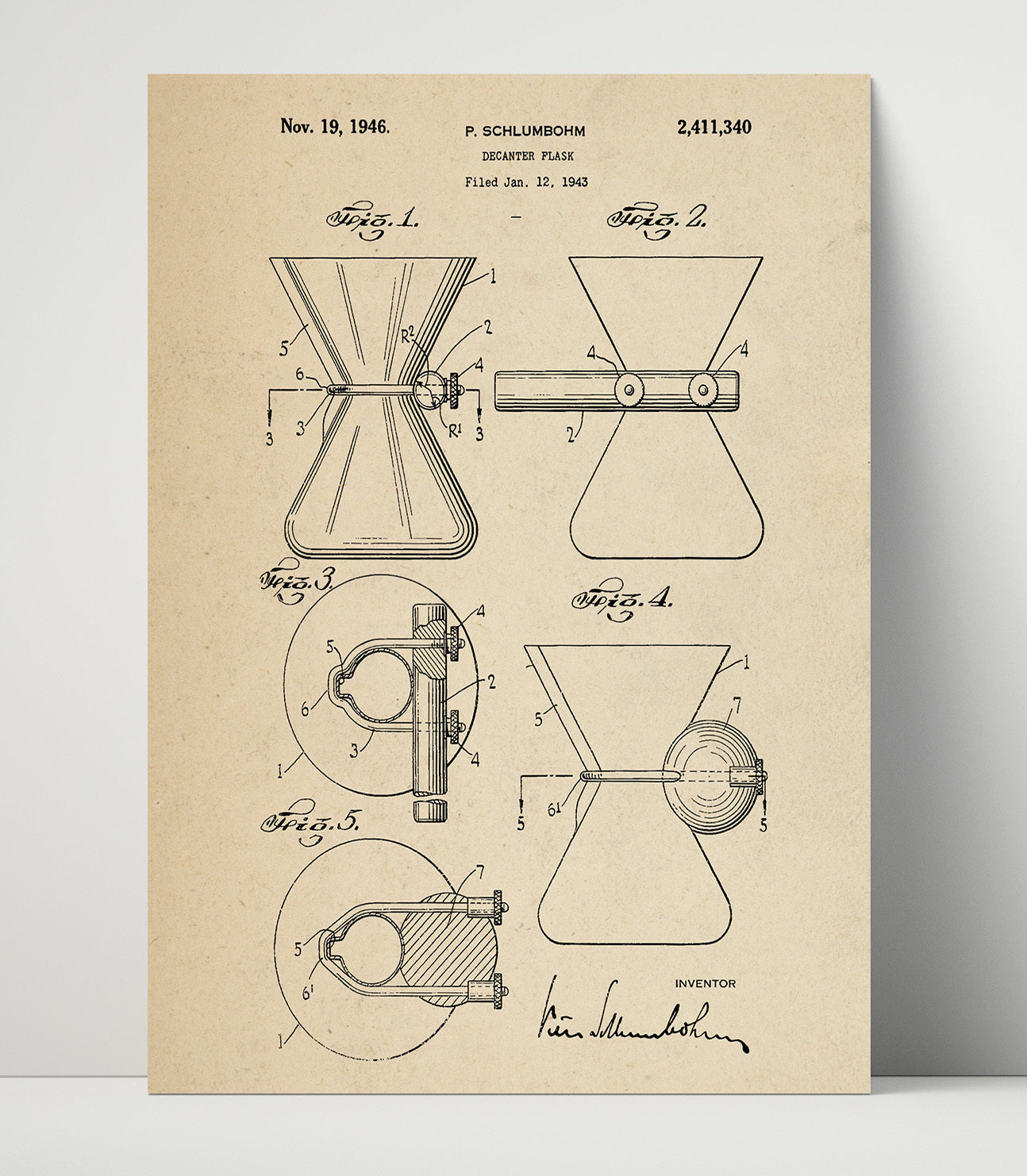 Patent Print - Decanter Flask - P. Schlumbohm - 1946 - Patent 2411340 Patent Wall Art