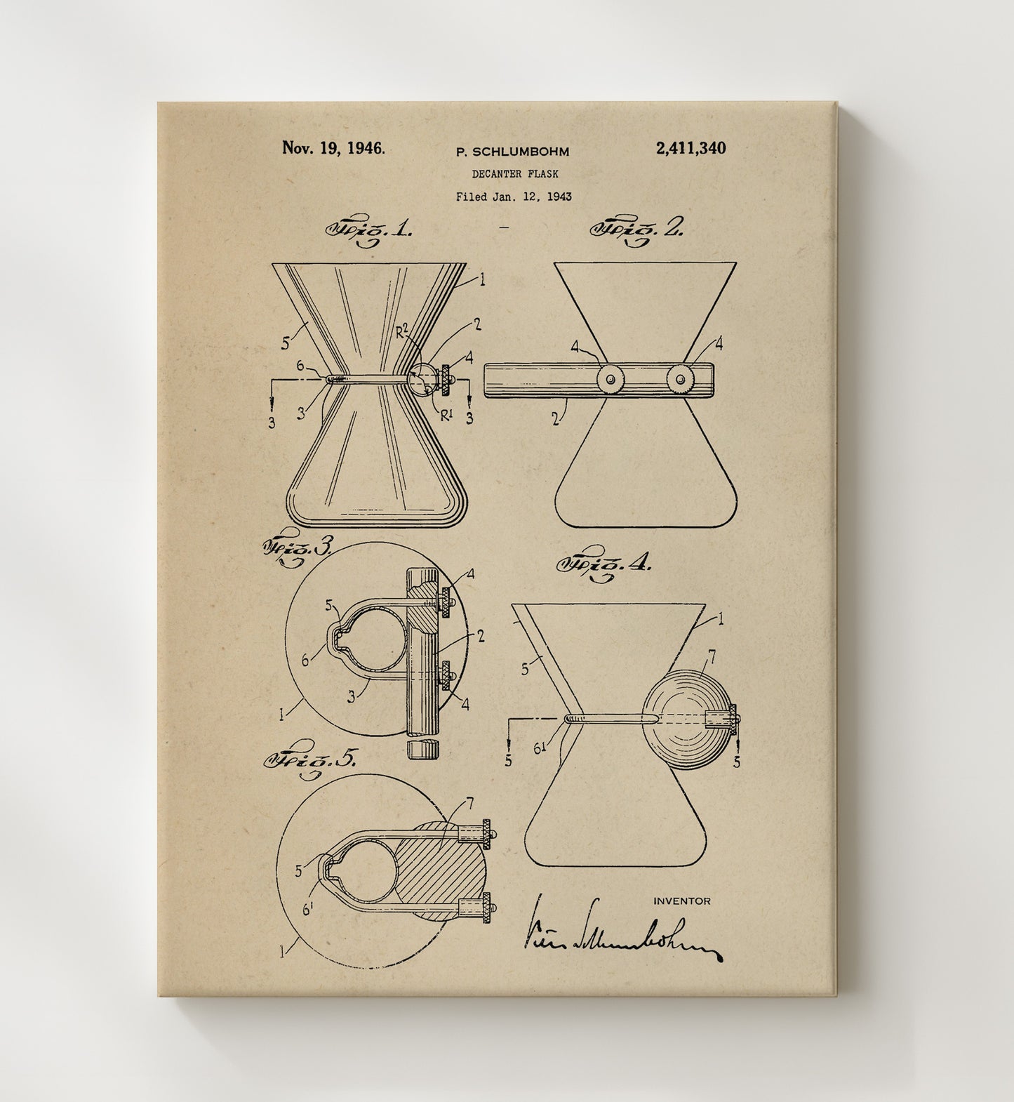 Patent Print - Decanter Flask - P. Schlumbohm - 1946 - Patent 2411340 Patent Wall Art