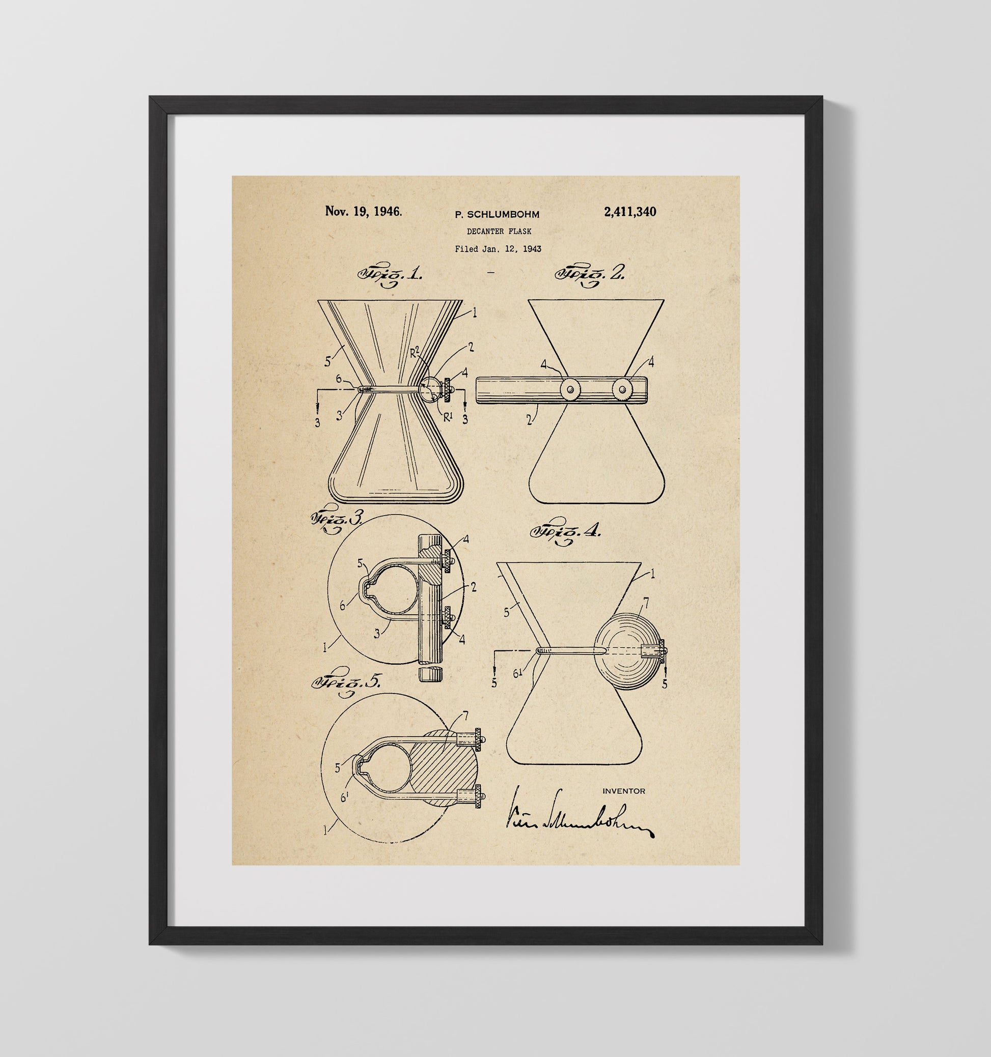 Patent Print - Decanter Flask - P. Schlumbohm - 1946 - Patent 2411340 Patent Wall Art