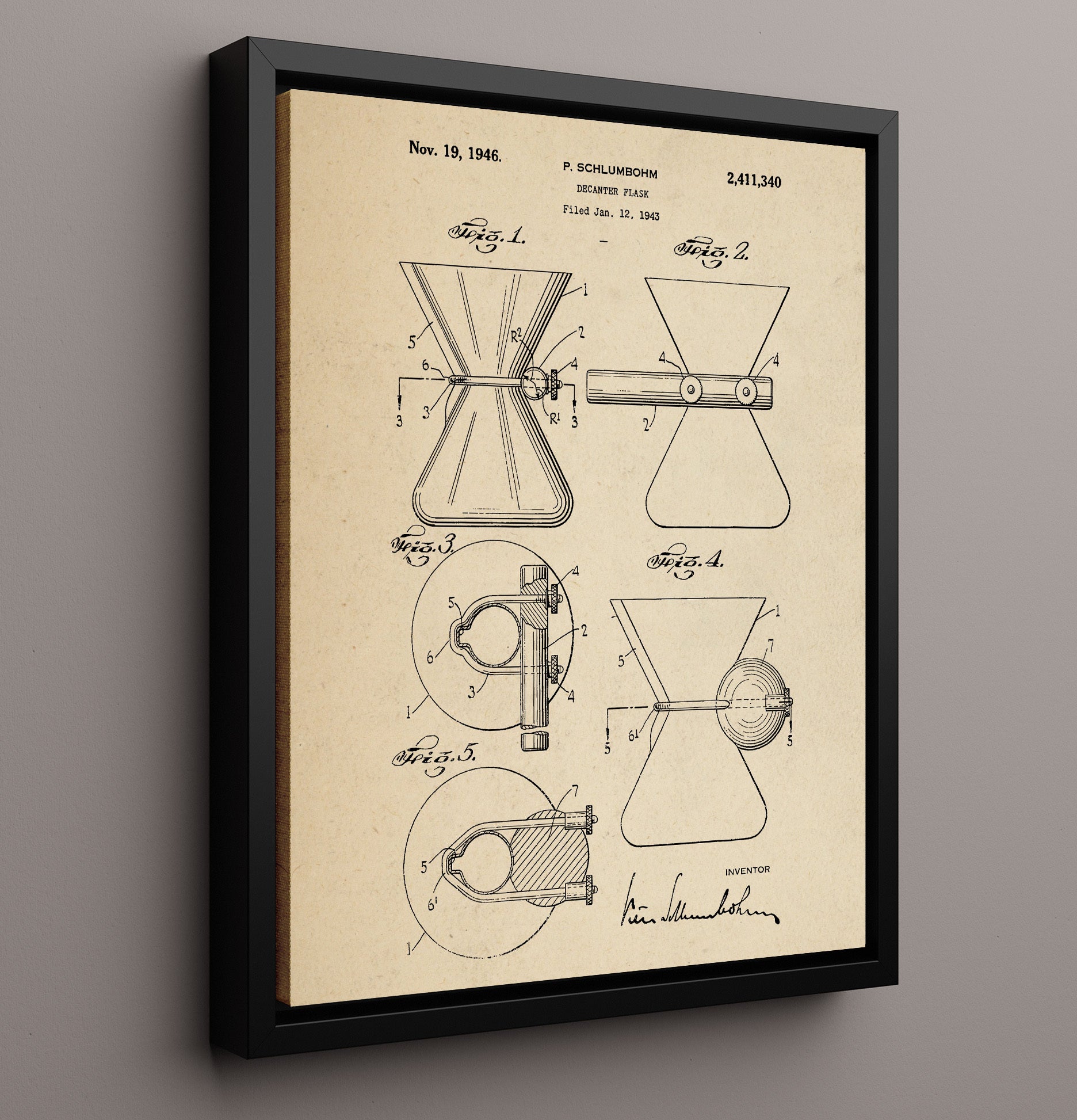 Patent Print - Decanter Flask - P. Schlumbohm - 1946 - Patent 2411340 Patent Wall Art