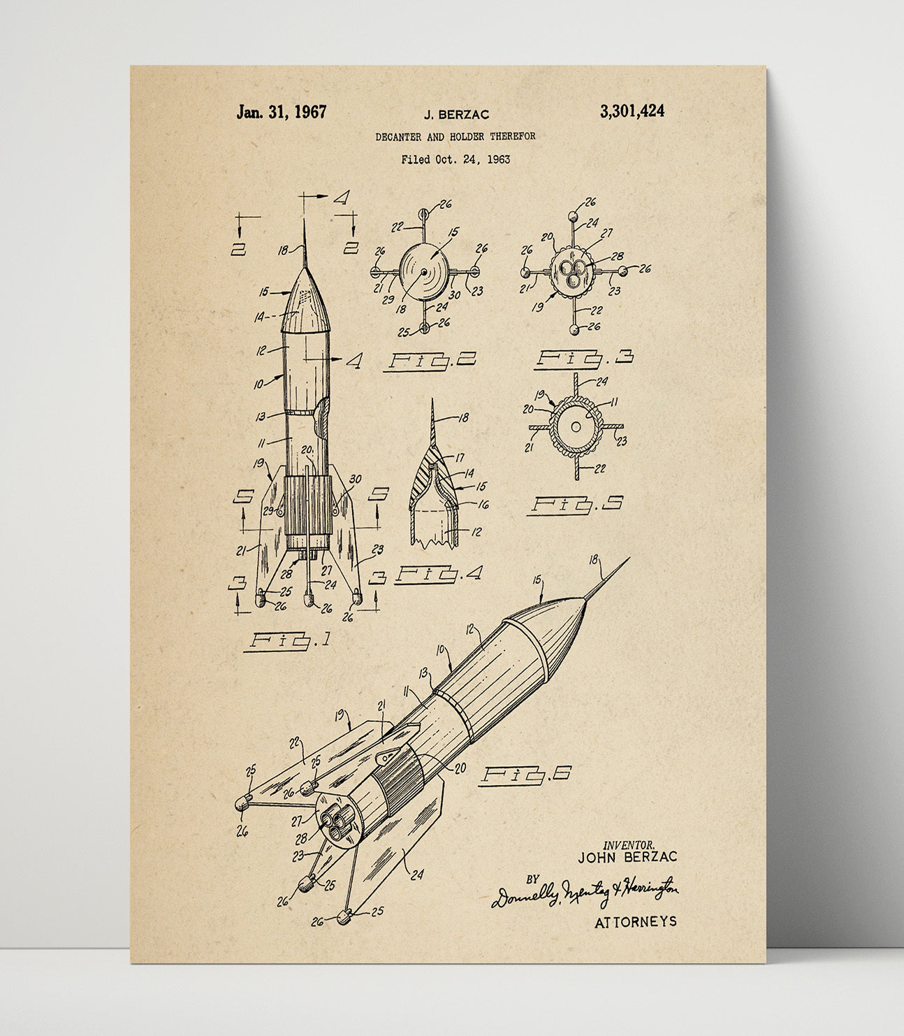 Patent Print - Decanter And Holder Therefor - John Berzac - 1967 - Patent 3301424 Patent Wall Art