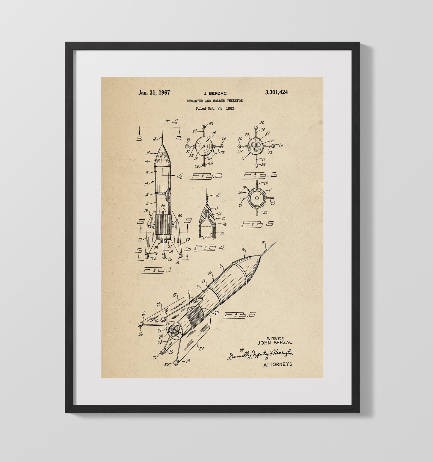 Patent Print - Decanter And Holder Therefor - John Berzac - 1967 - Patent 3301424 Patent Wall Art
