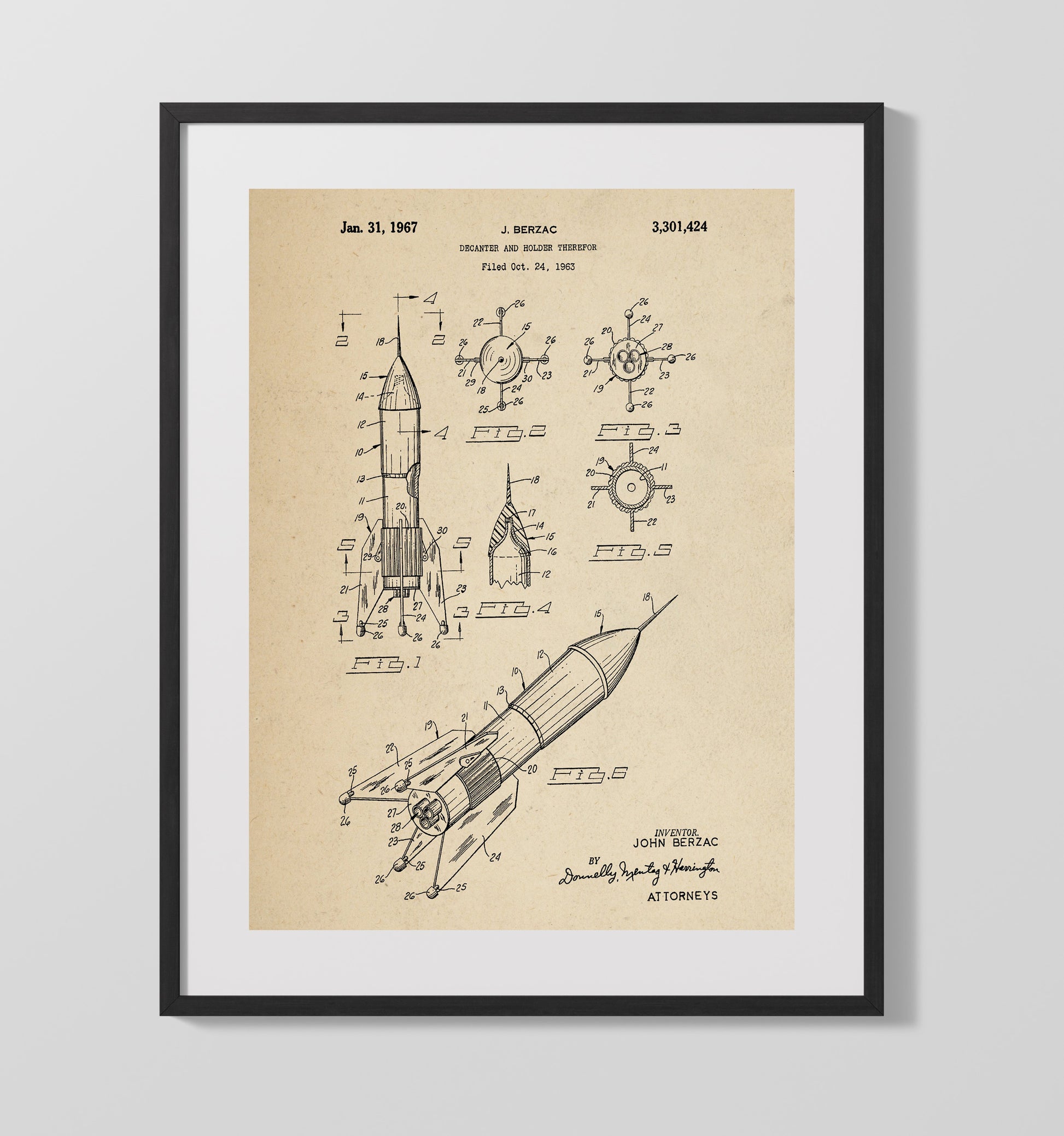 Patent Print - Decanter And Holder Therefor - John Berzac - 1967 - Patent 3301424 Patent Wall Art