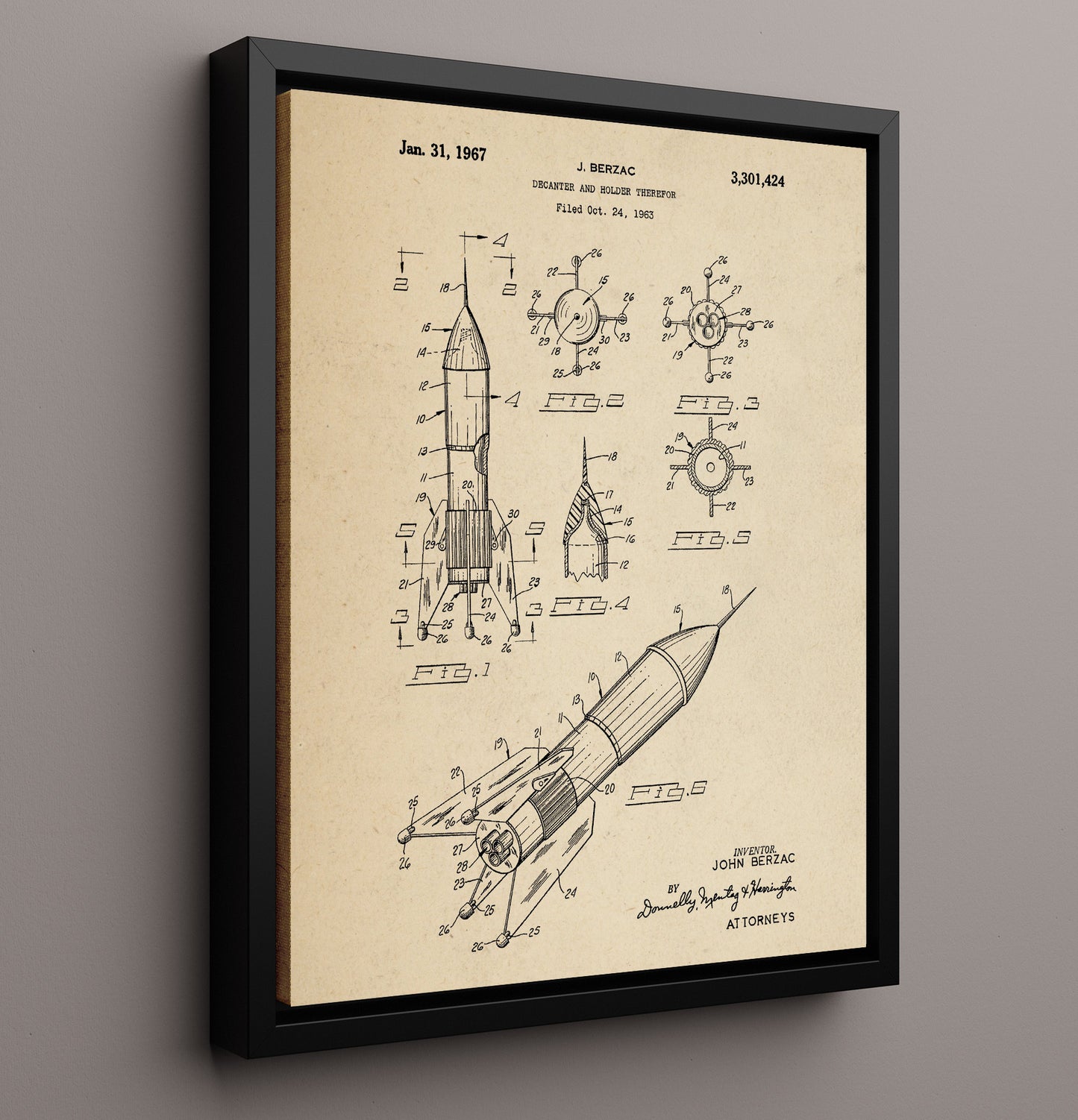 Patent Print - Decanter And Holder Therefor - John Berzac - 1967 - Patent 3301424 Patent Wall Art