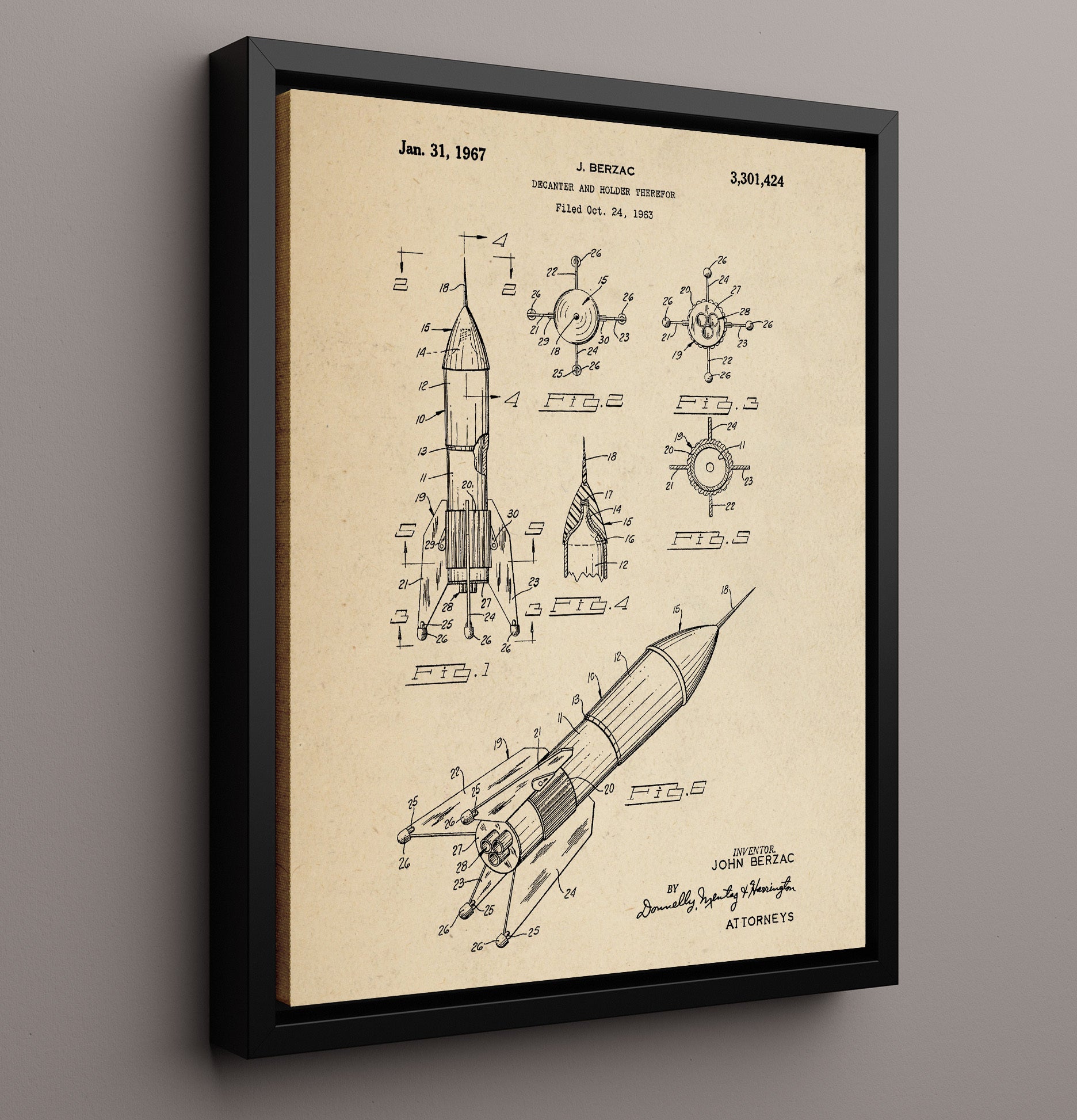 Patent Print - Decanter And Holder Therefor - John Berzac - 1967 - Patent 3301424 Patent Wall Art