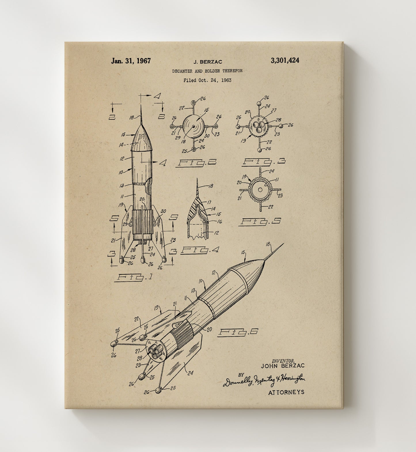 Patent Print - Decanter And Holder Therefor - John Berzac - 1967 - Patent 3301424 Patent Wall Art