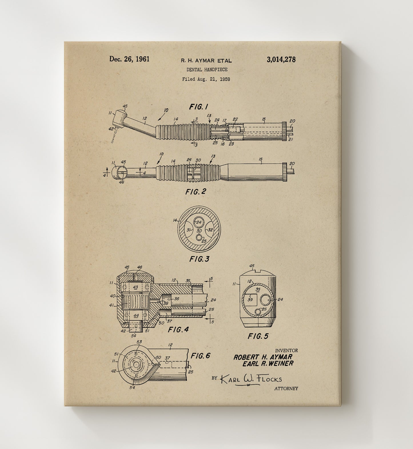 Patent Print - Dental Handpiece - Robert H. Aymar - 1961 - Patent 3014278 Patent Wall Art