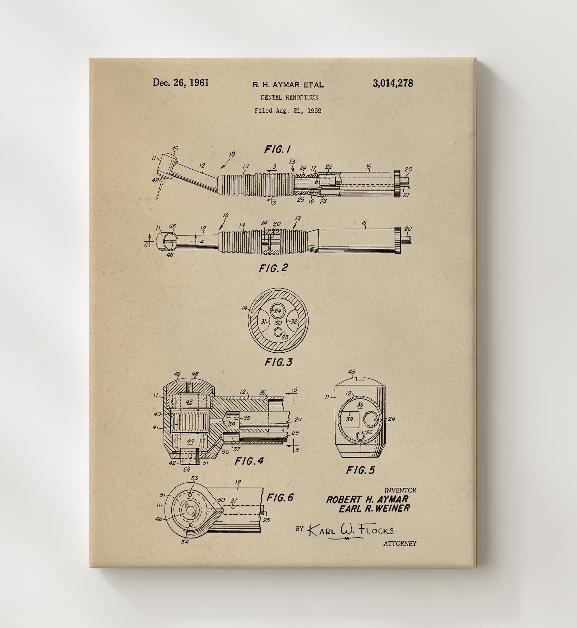 Patent Print - Dental Handpiece - Robert H. Aymar - 1961 - Patent 3014278 Patent Wall Art