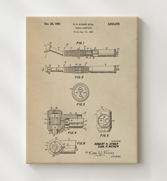 Dental Handpiece 1961 patent print wall art 8x10 Canvas
