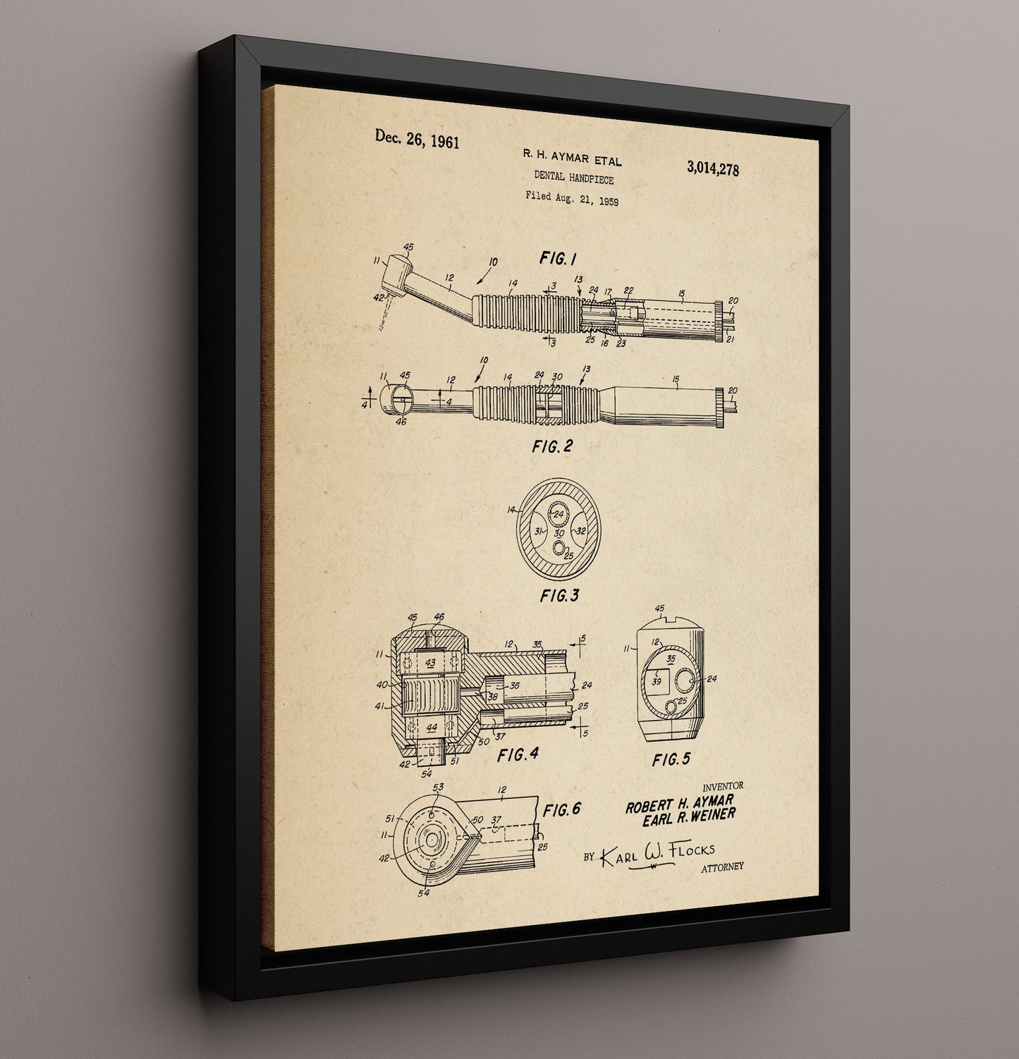 Patent Print - Dental Handpiece - Robert H. Aymar - 1961 - Patent 3014278 Patent Wall Art