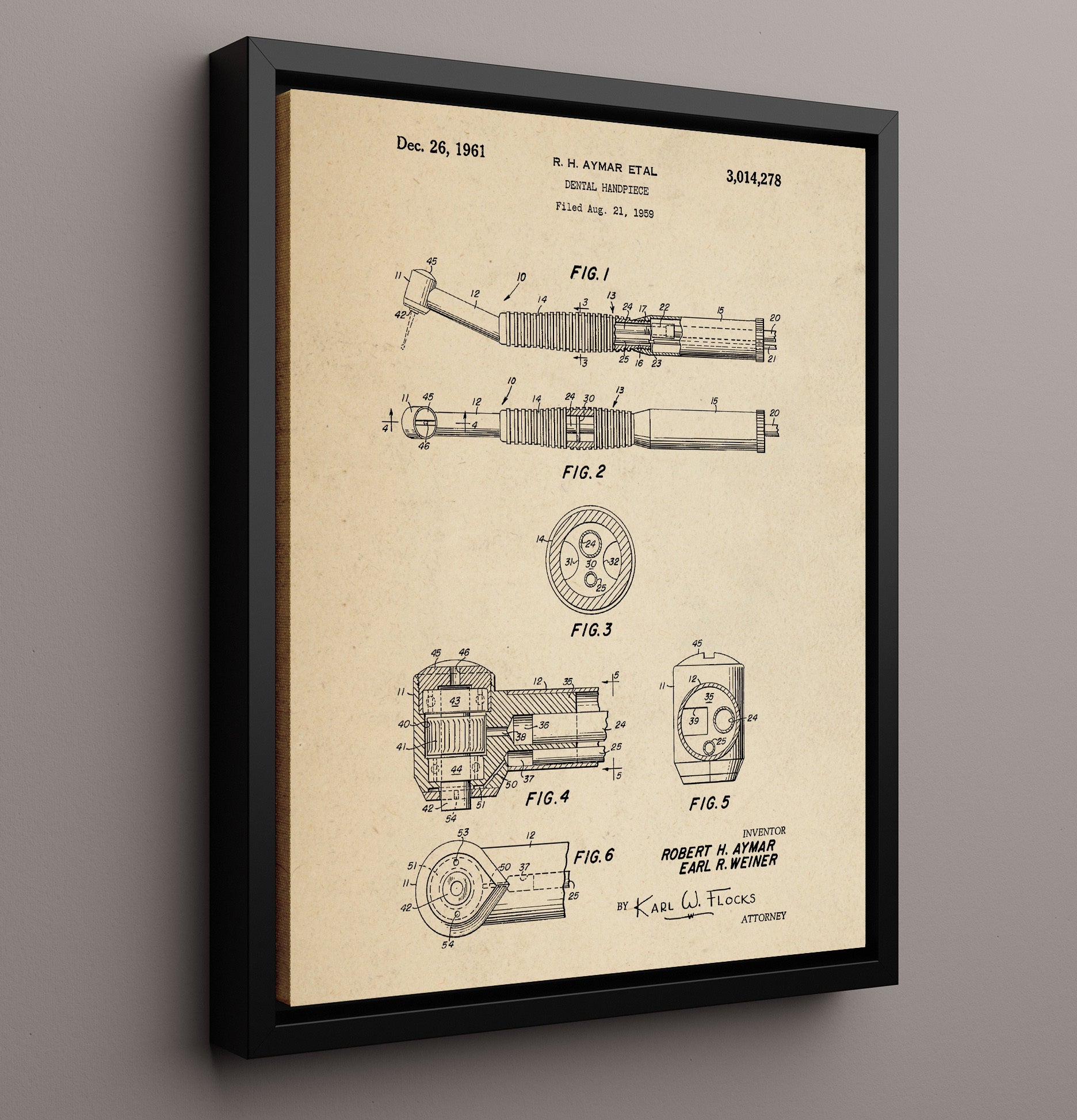 Patent Print - Dental Handpiece - Robert H. Aymar - 1961 - Patent 3014278 Patent Wall Art