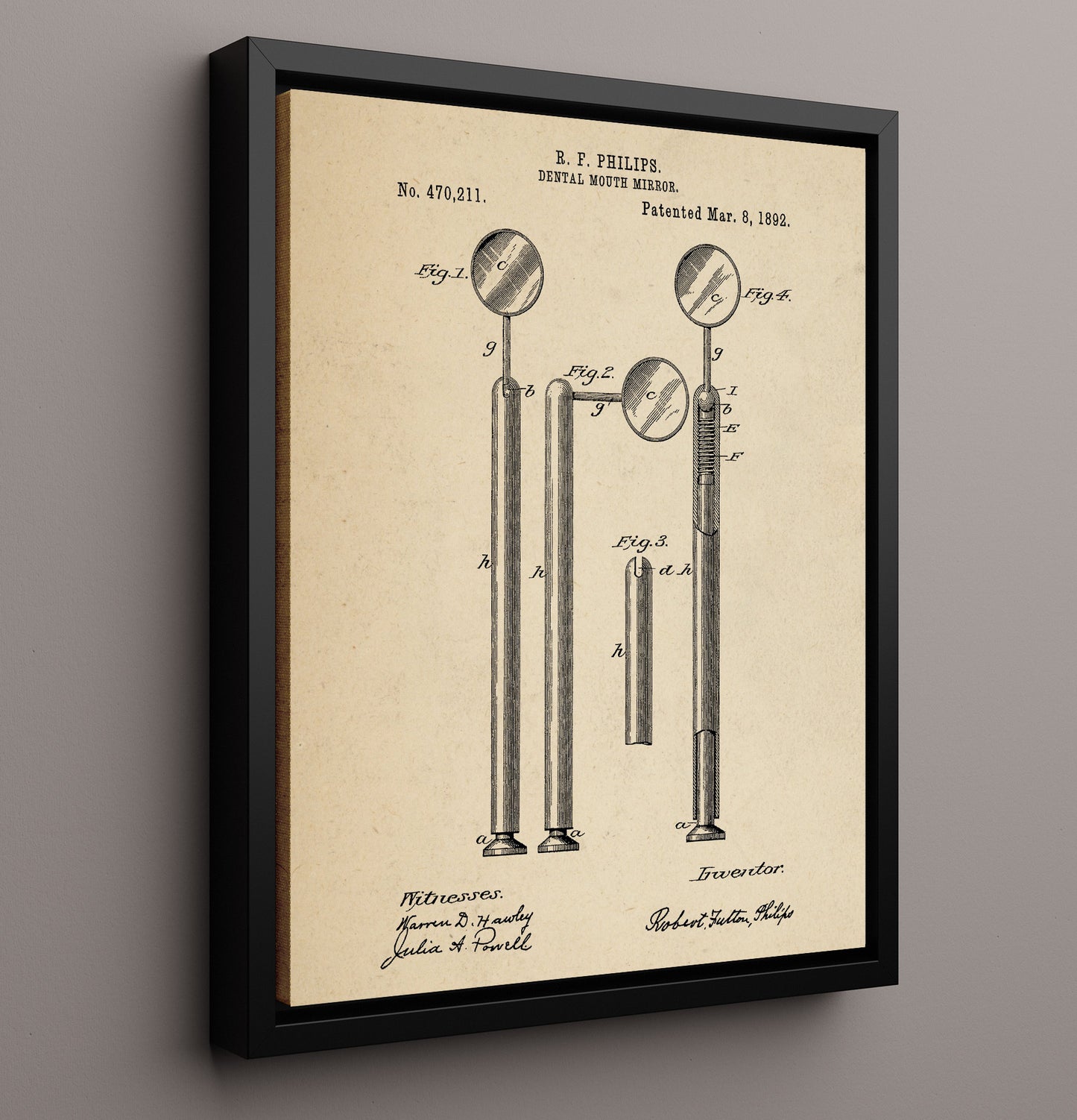 Patent Print - Dental Mouth Mirror - R. F. Philips - 1892 - Patent 470211 Patent Wall Art