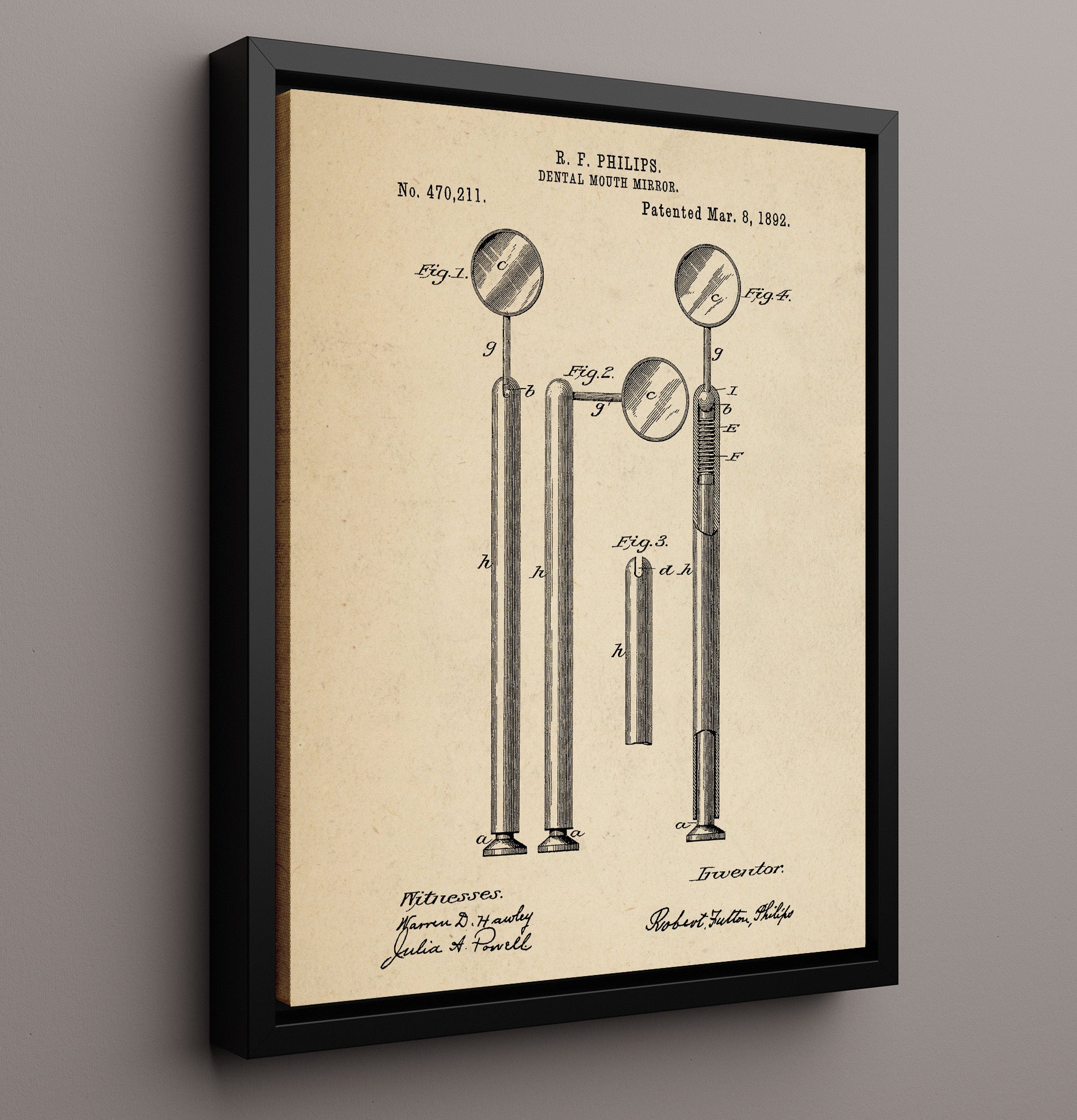 Patent Print - Dental Mouth Mirror - R. F. Philips - 1892 - Patent 470211 Patent Wall Art