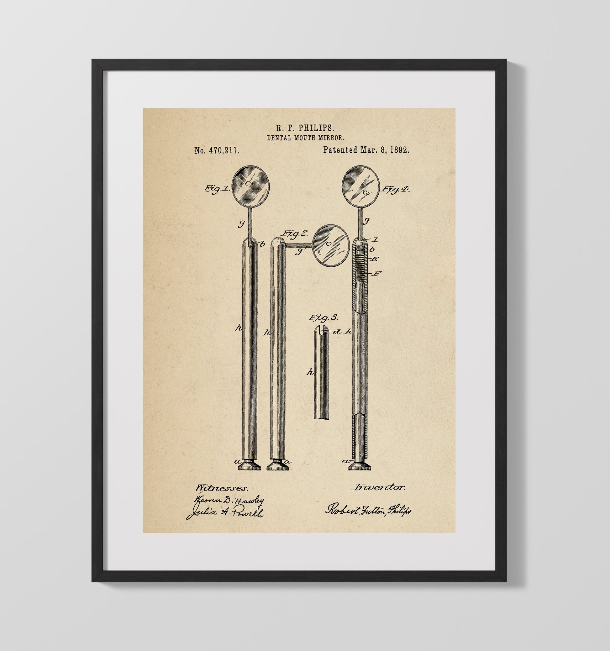 Patent Print - Dental Mouth Mirror - R. F. Philips - 1892 - Patent 470211 Patent Wall Art