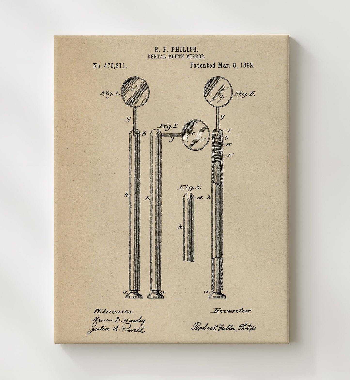 Patent Print - Dental Mouth Mirror - R. F. Philips - 1892 - Patent 470211 Patent Wall Art