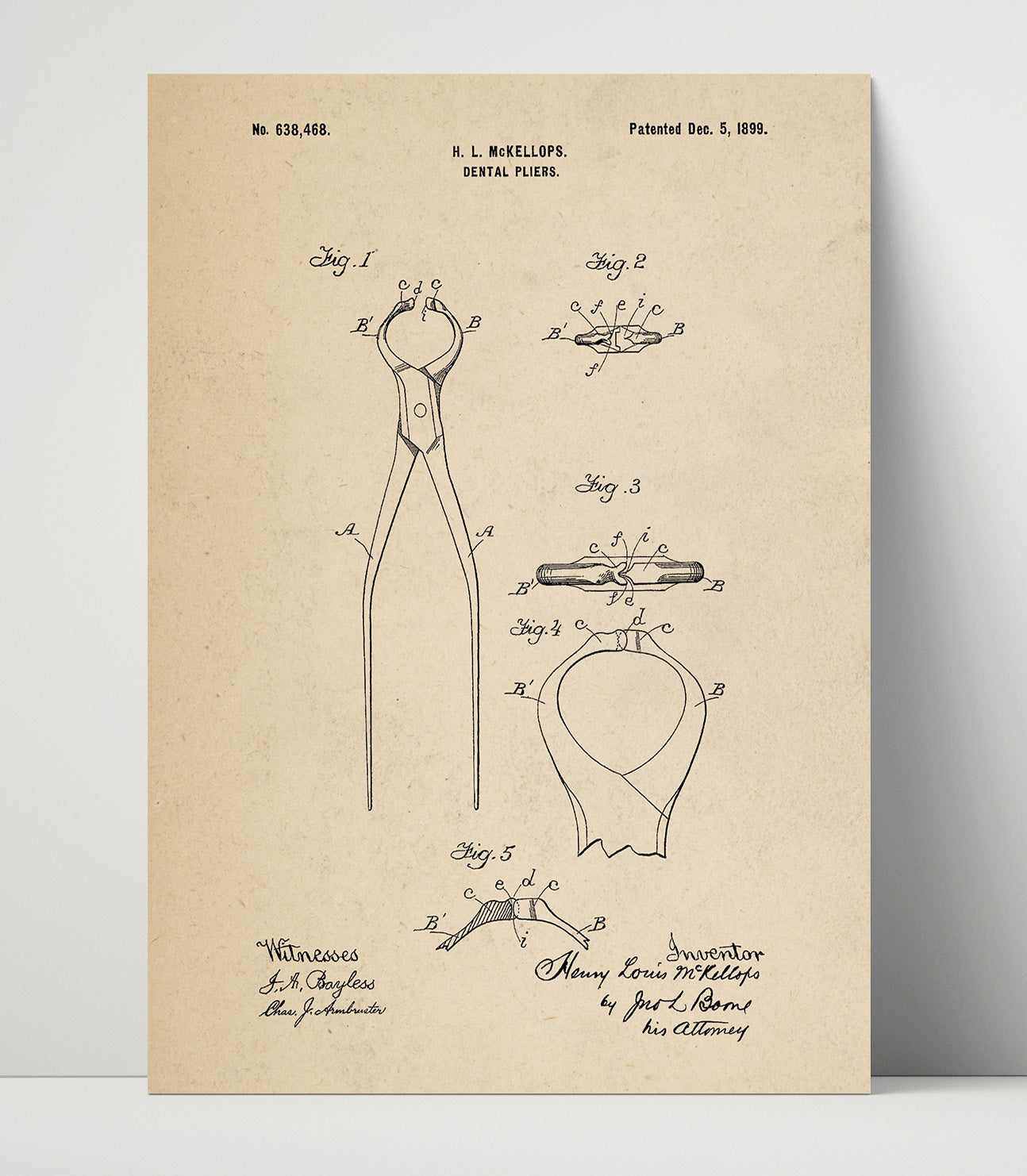 Patent Print - Dental Pliers - Henry Louis Mckellops - 1899 - Patent 638468 Patent Wall Art