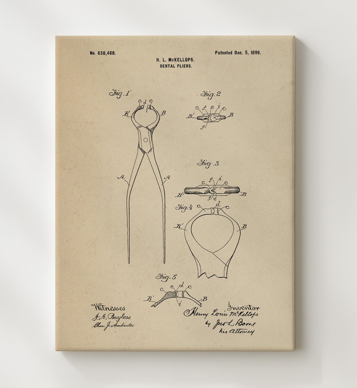 Patent Print - Dental Pliers - Henry Louis Mckellops - 1899 - Patent 638468 Patent Wall Art