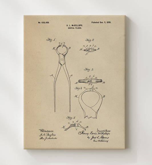 Dental Pliers 1899 patent print wall art 8x10 Canvas