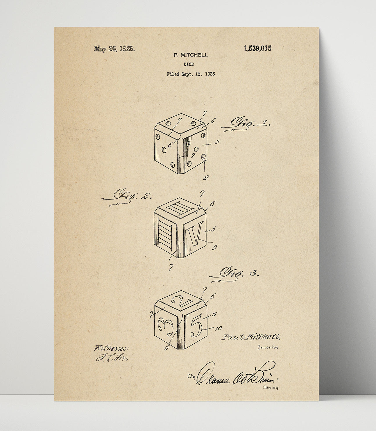 Patent Print - Dice - Paul Mitchell - 1925 - Patent 1539015 Patent Wall Art