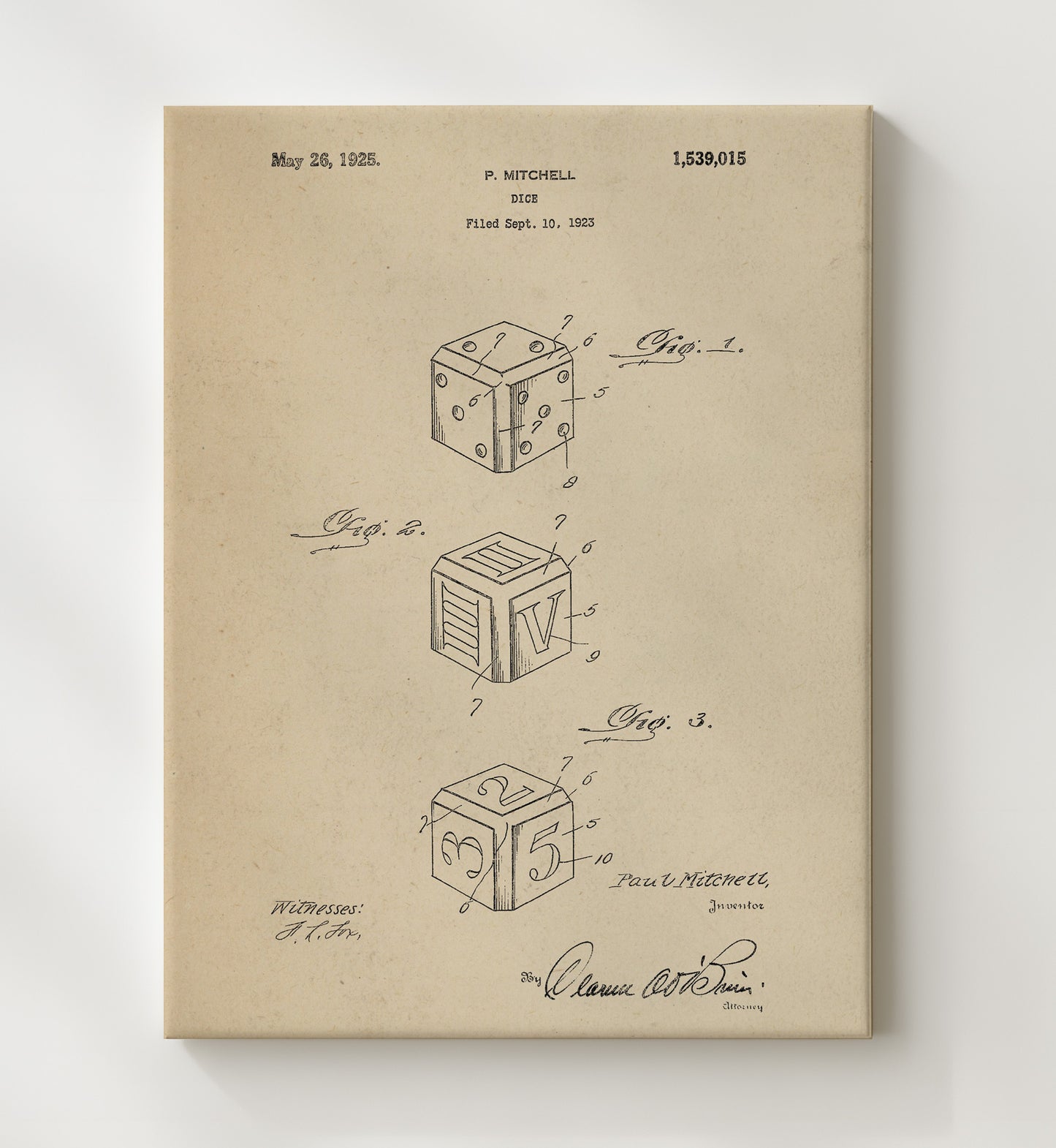 Patent Print - Dice - Paul Mitchell - 1925 - Patent 1539015 Patent Wall Art