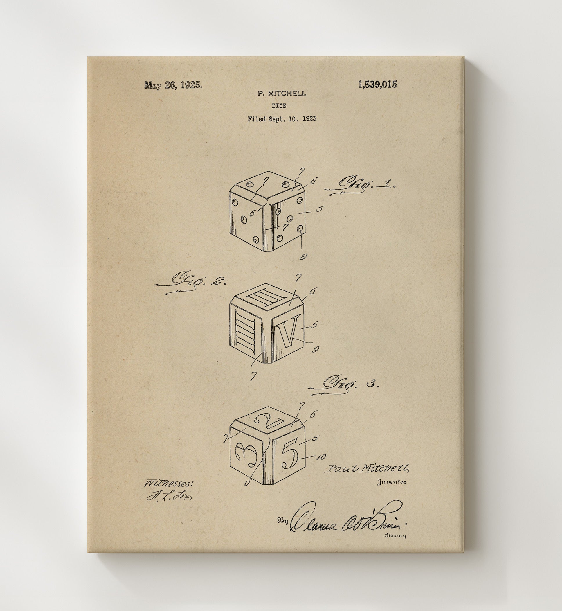 Patent Print - Dice - Paul Mitchell - 1925 - Patent 1539015 Patent Wall Art