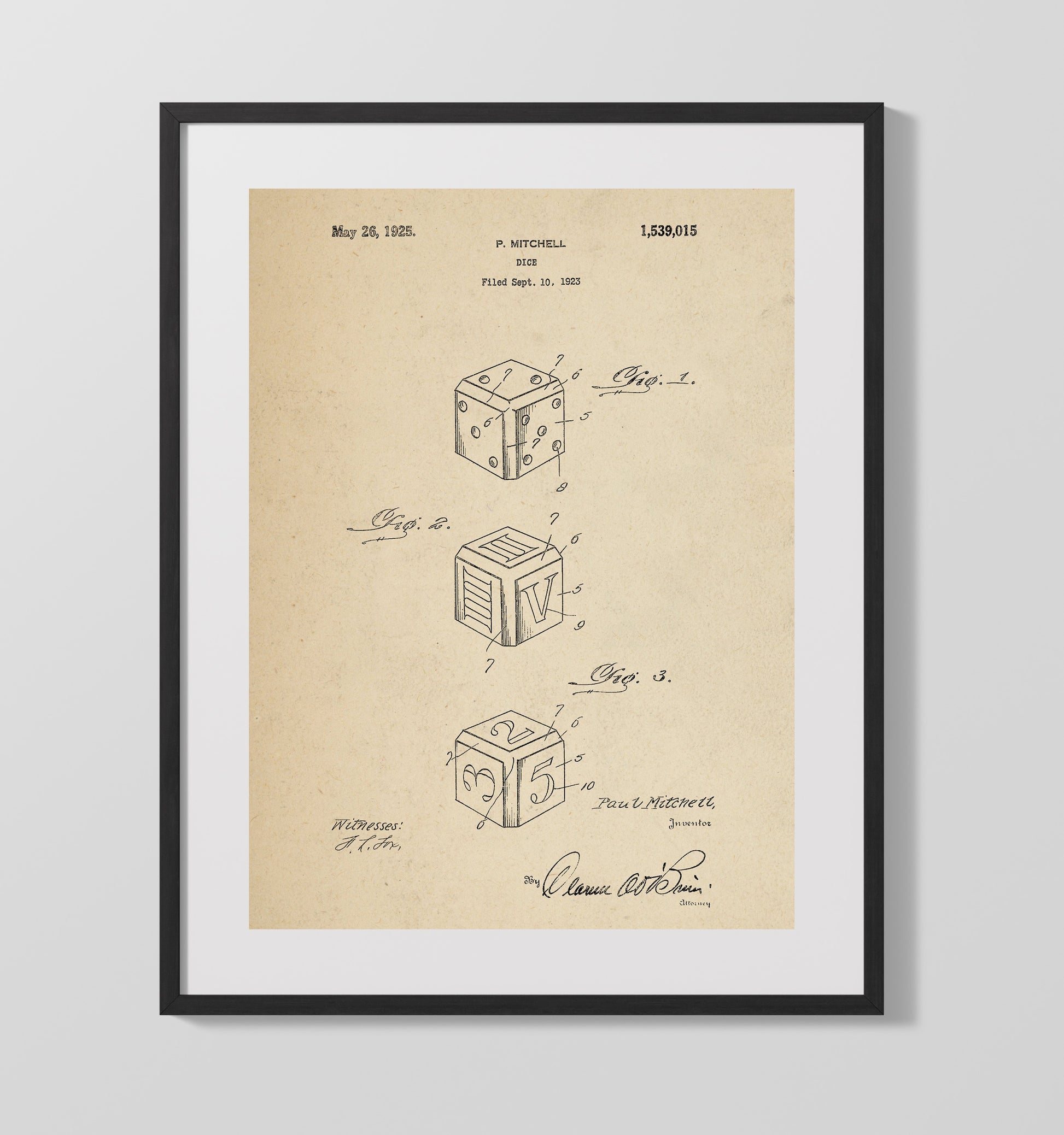 Patent Print - Dice - Paul Mitchell - 1925 - Patent 1539015 Patent Wall Art