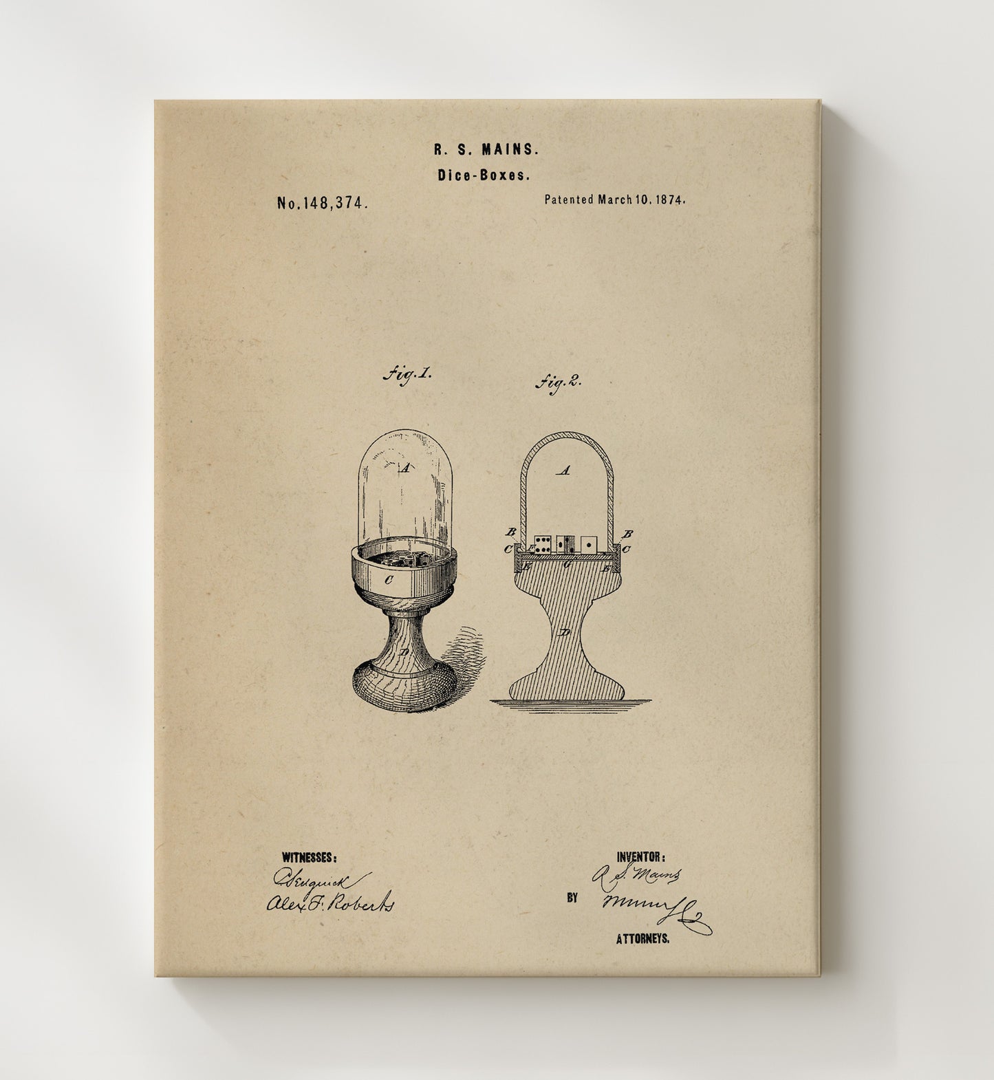 Patent Print - Dice Boxes - R S Mains - 1874 - Patent 148374 Patent Wall Art