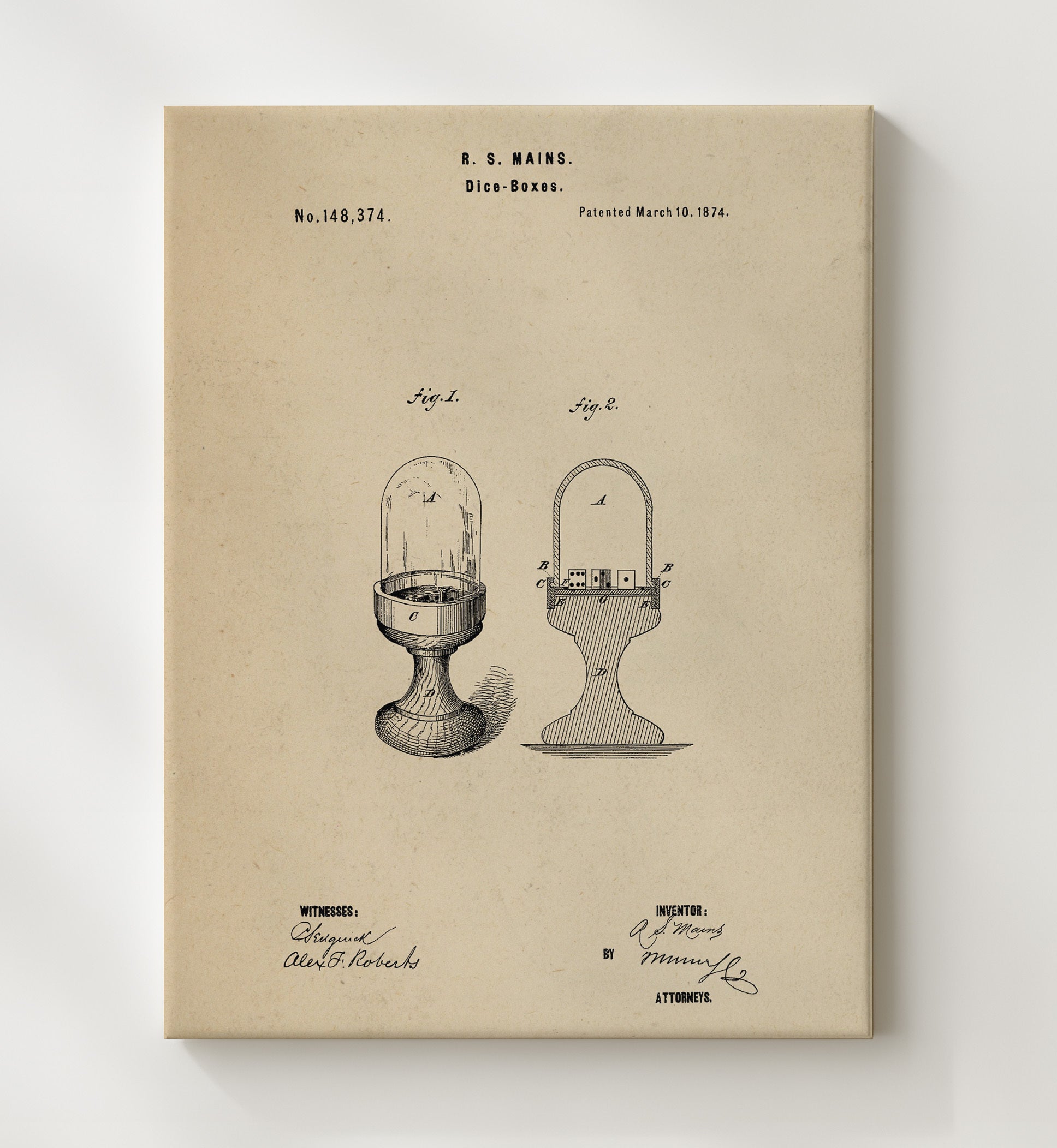 Patent Print - Dice Boxes - R S Mains - 1874 - Patent 148374 Patent Wall Art