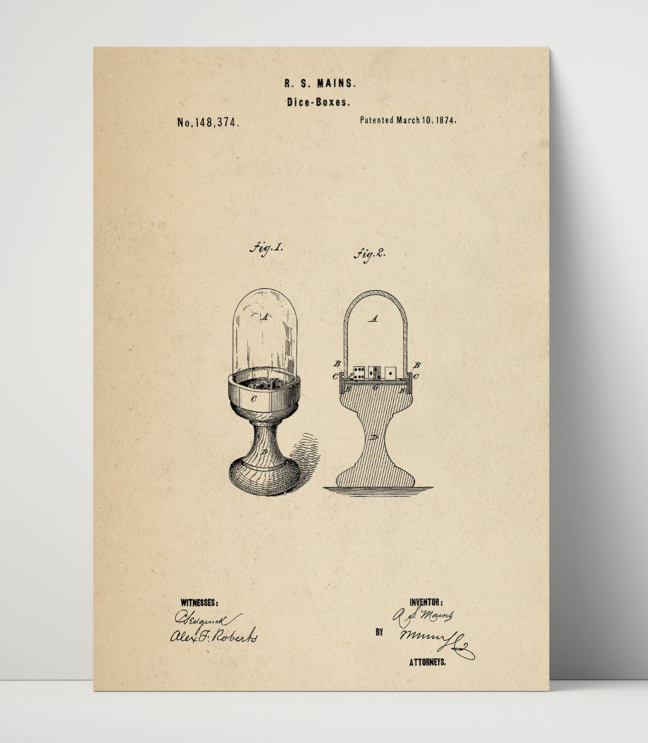 Patent Print - Dice Boxes - R S Mains - 1874 - Patent 148374 Patent Wall Art