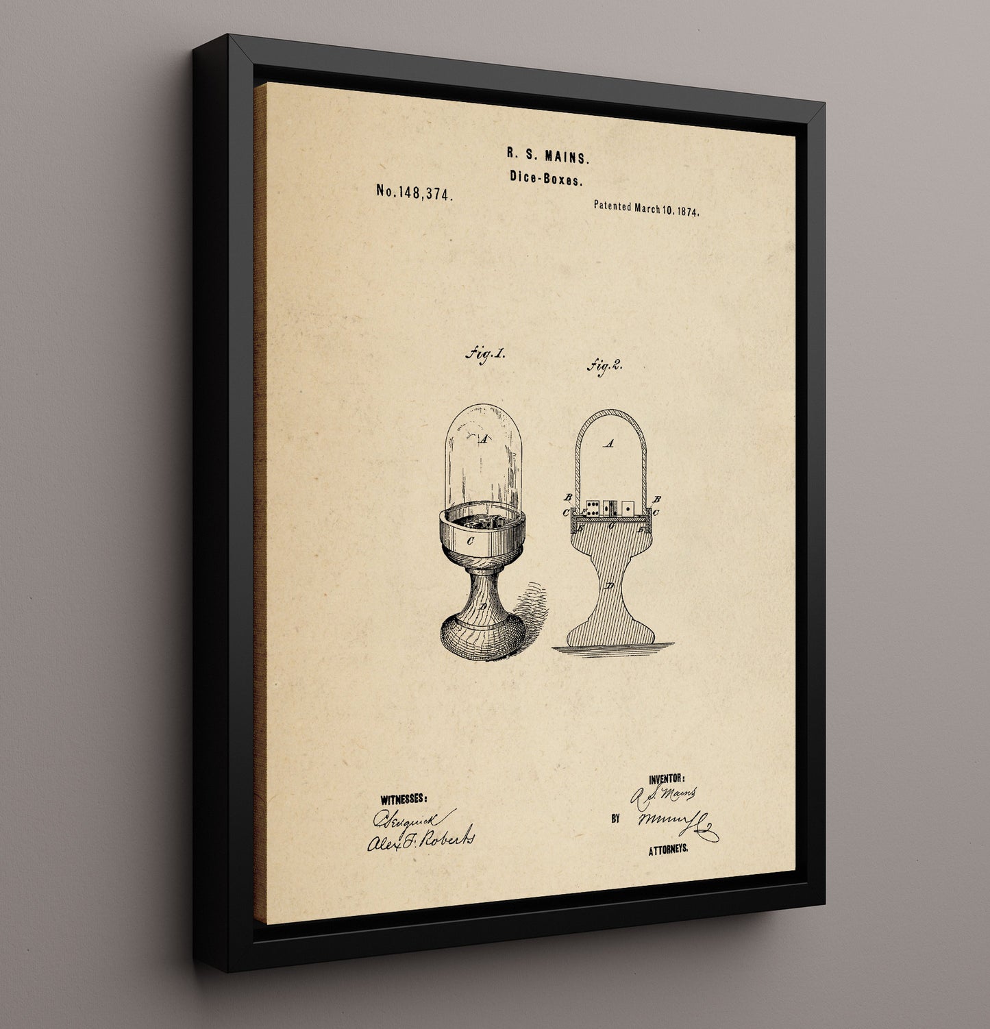 Patent Print - Dice Boxes - R S Mains - 1874 - Patent 148374 Patent Wall Art