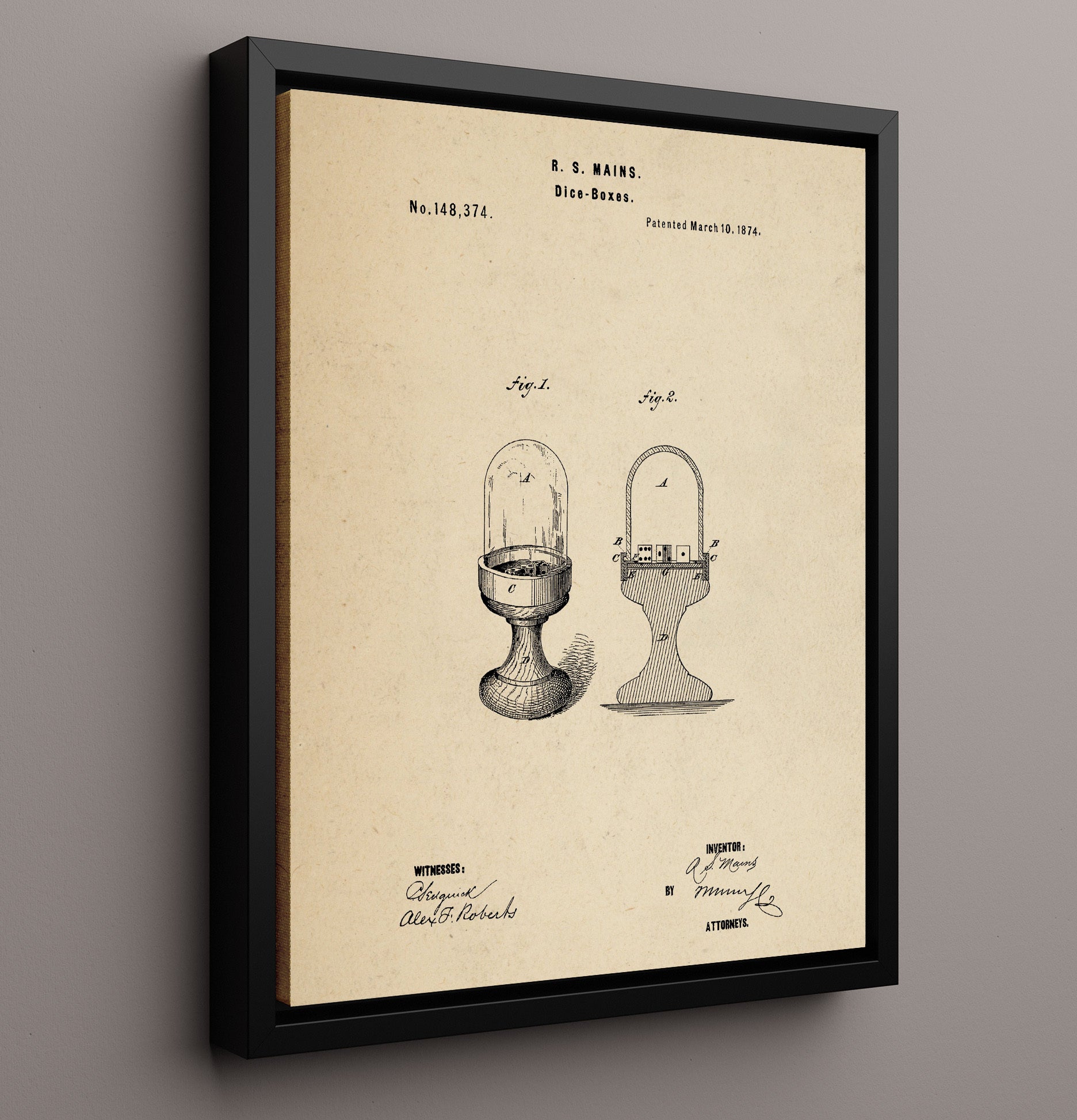 Patent Print - Dice Boxes - R S Mains - 1874 - Patent 148374 Patent Wall Art