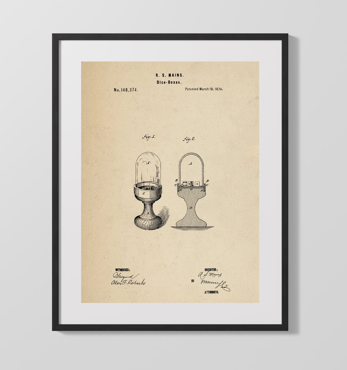 Patent Print - Dice Boxes - R S Mains - 1874 - Patent 148374 Patent Wall Art