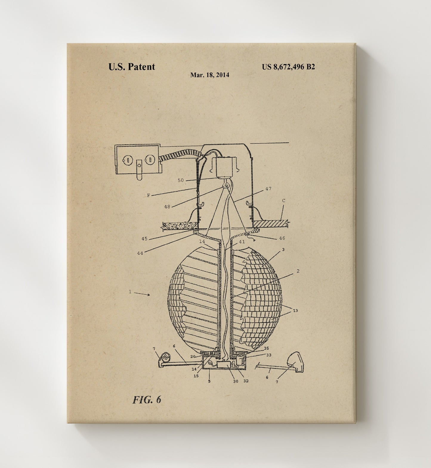 Patent Print - Disco Ball Lighting Apparatus Cross Section - Unknown Inventor - 2014 - Patent 8672496 Patent Wall Art