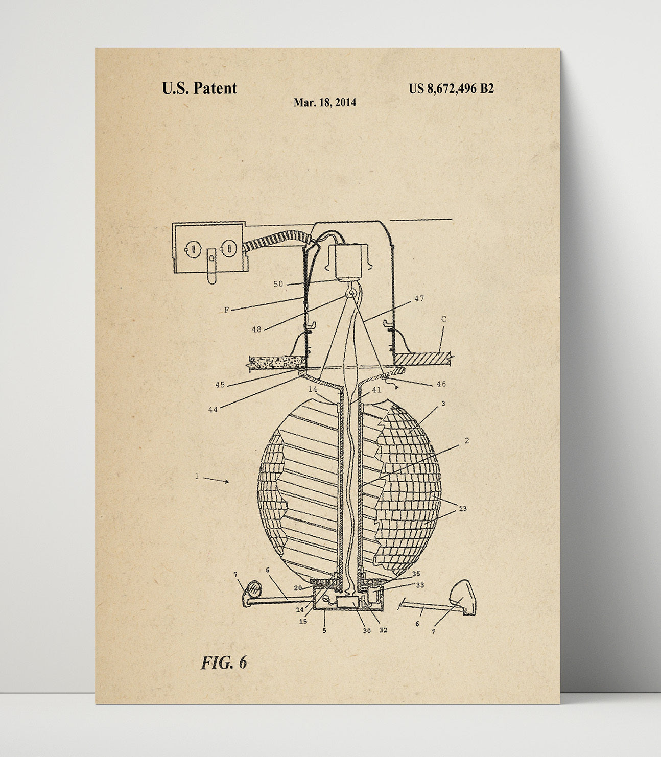 Patent Print - Disco Ball Lighting Apparatus Cross Section - Unknown Inventor - 2014 - Patent 8672496 Patent Wall Art
