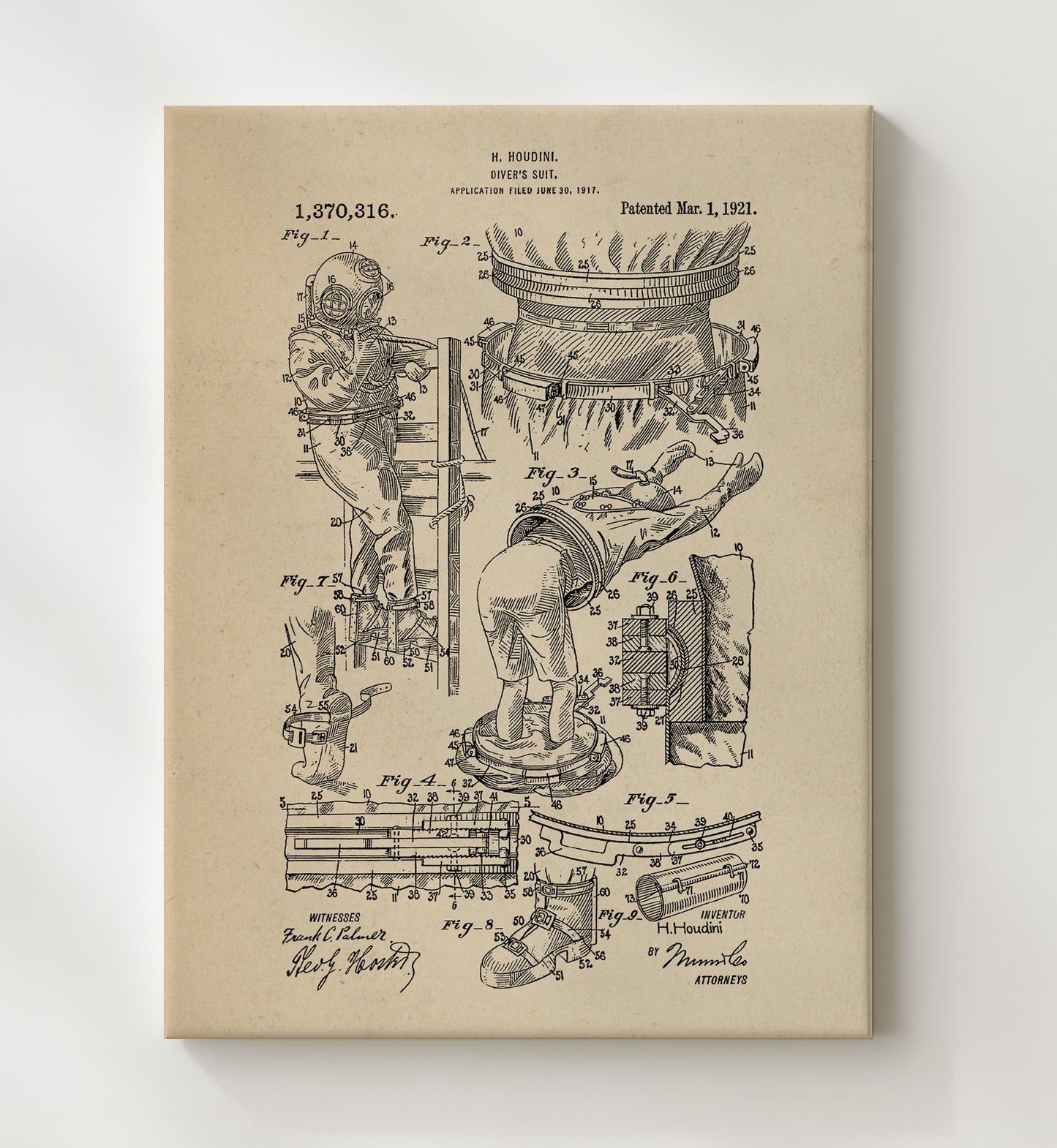 Patent Print - Divers Suit - Harry Houdini - 1921 - Patent 1370316 Patent Wall Art