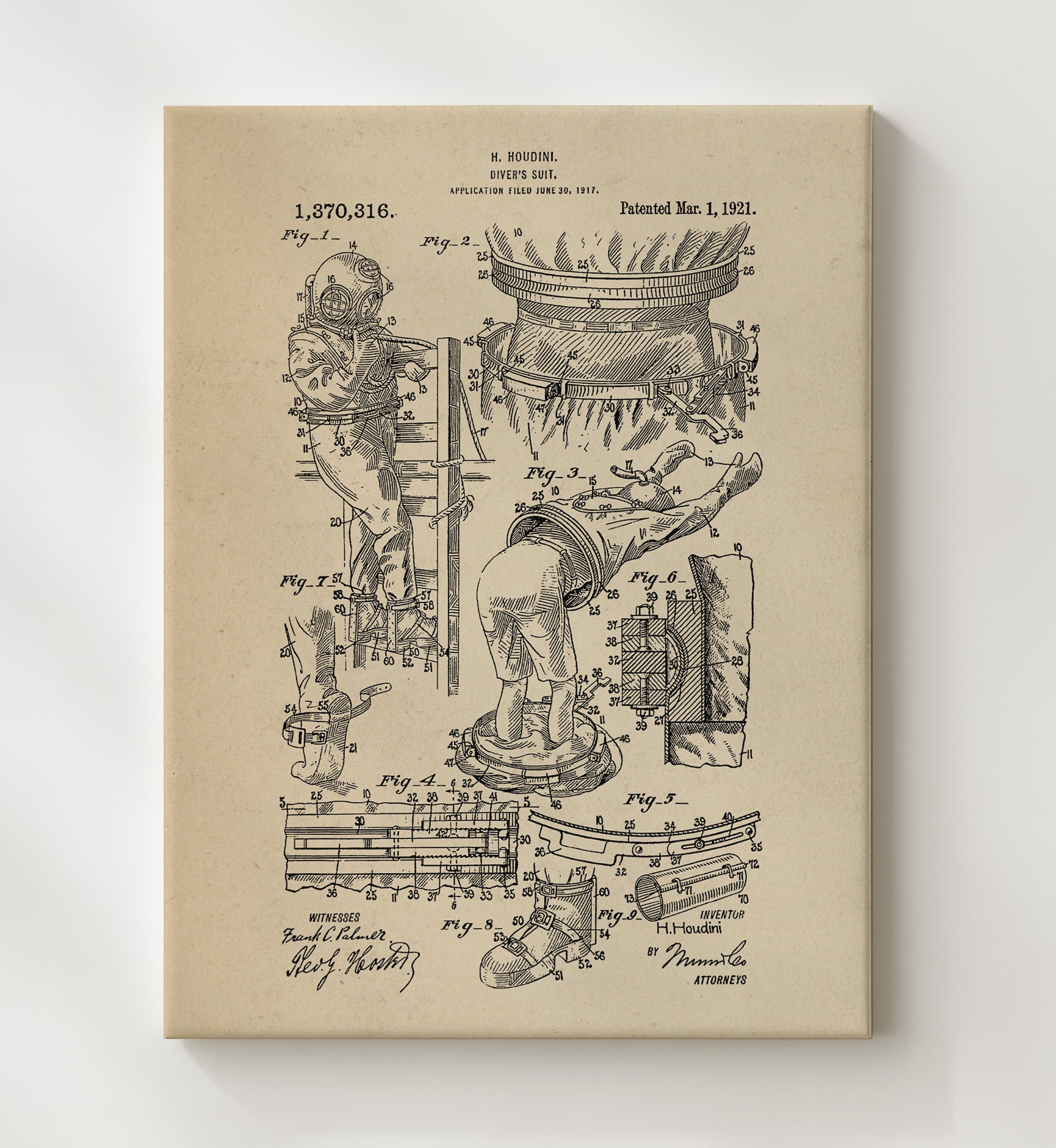 Patent Print - Divers Suit - Harry Houdini - 1921 - Patent 1370316 Patent Wall Art