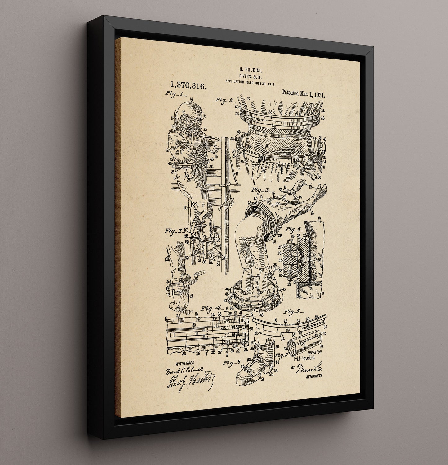 Patent Print - Divers Suit - Harry Houdini - 1921 - Patent 1370316 Patent Wall Art