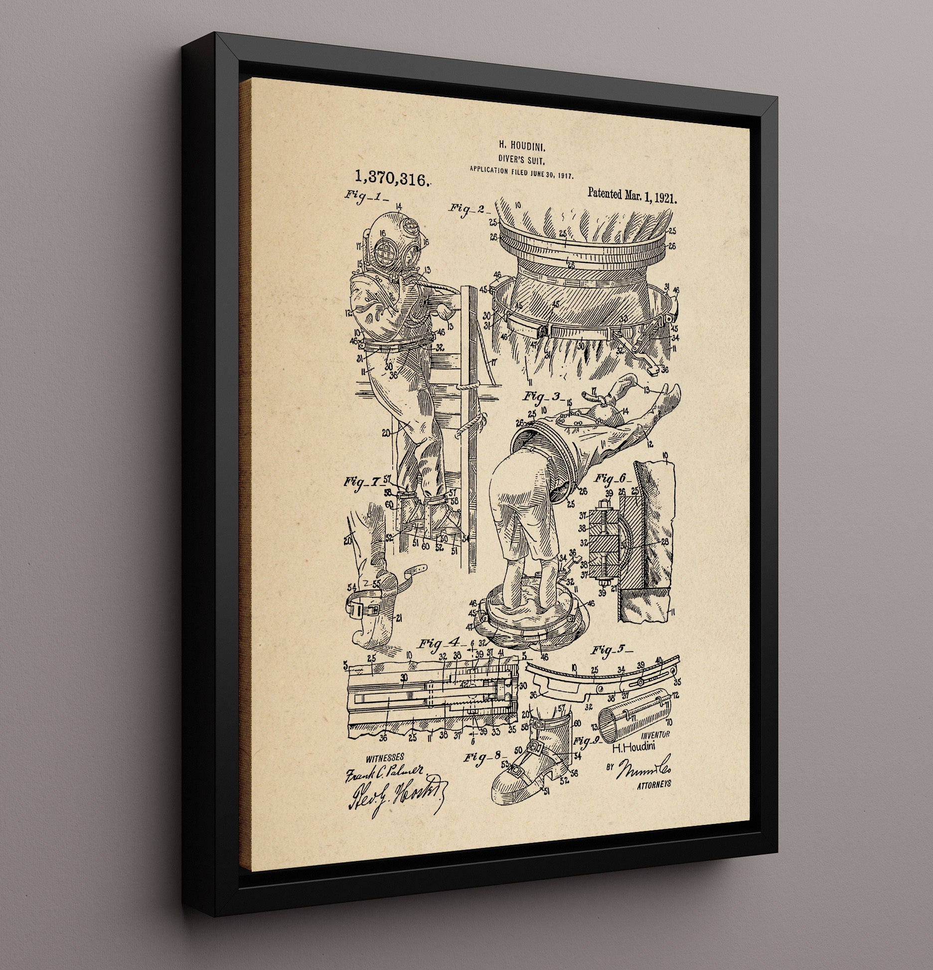 Patent Print - Divers Suit - Harry Houdini - 1921 - Patent 1370316 Patent Wall Art