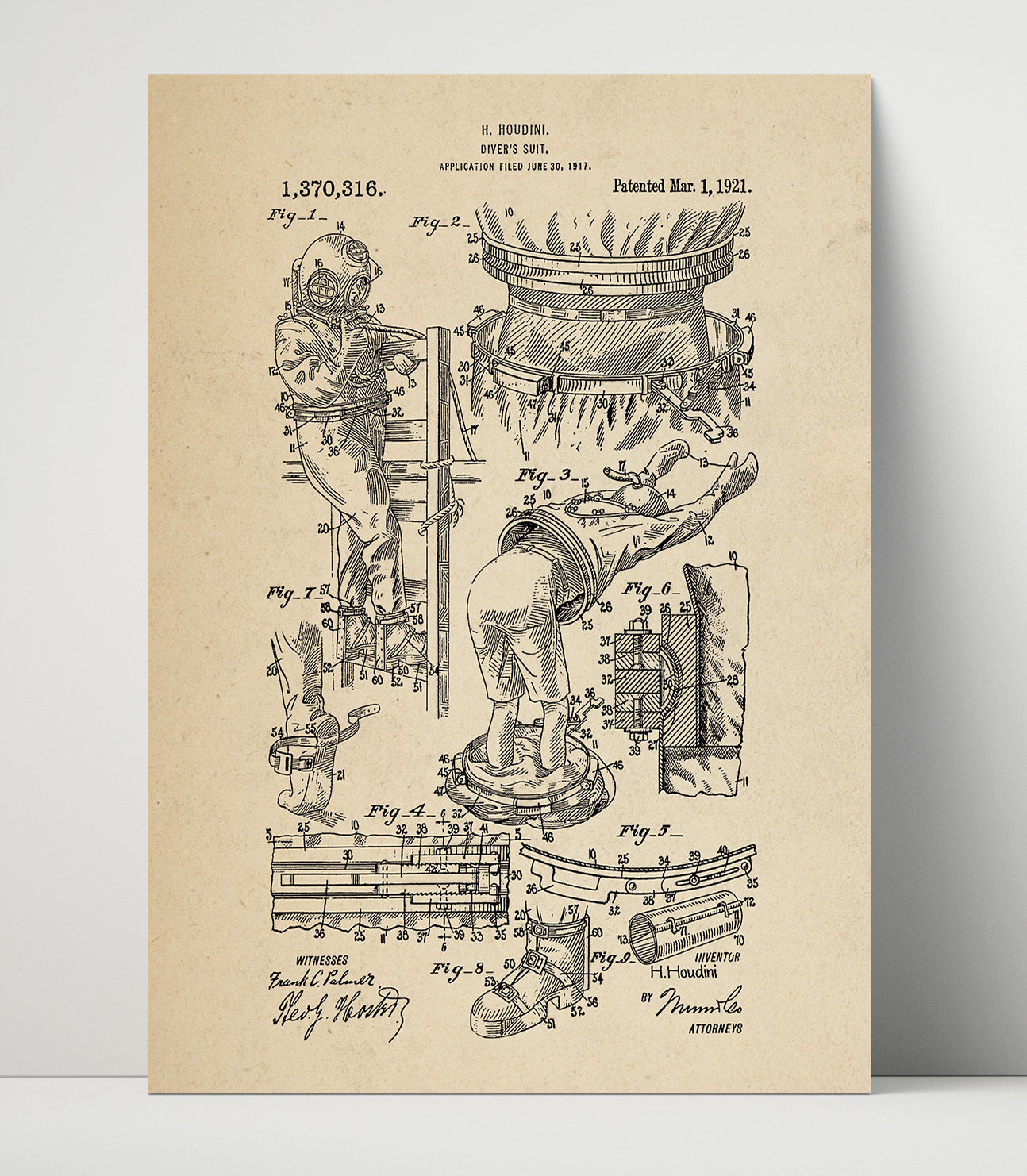 Patent Print - Divers Suit - Harry Houdini - 1921 - Patent 1370316 Patent Wall Art