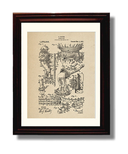 Patent Print - Divers Suit - Harry Houdini - 1921 - Patent 1370316 Patent Wall Art