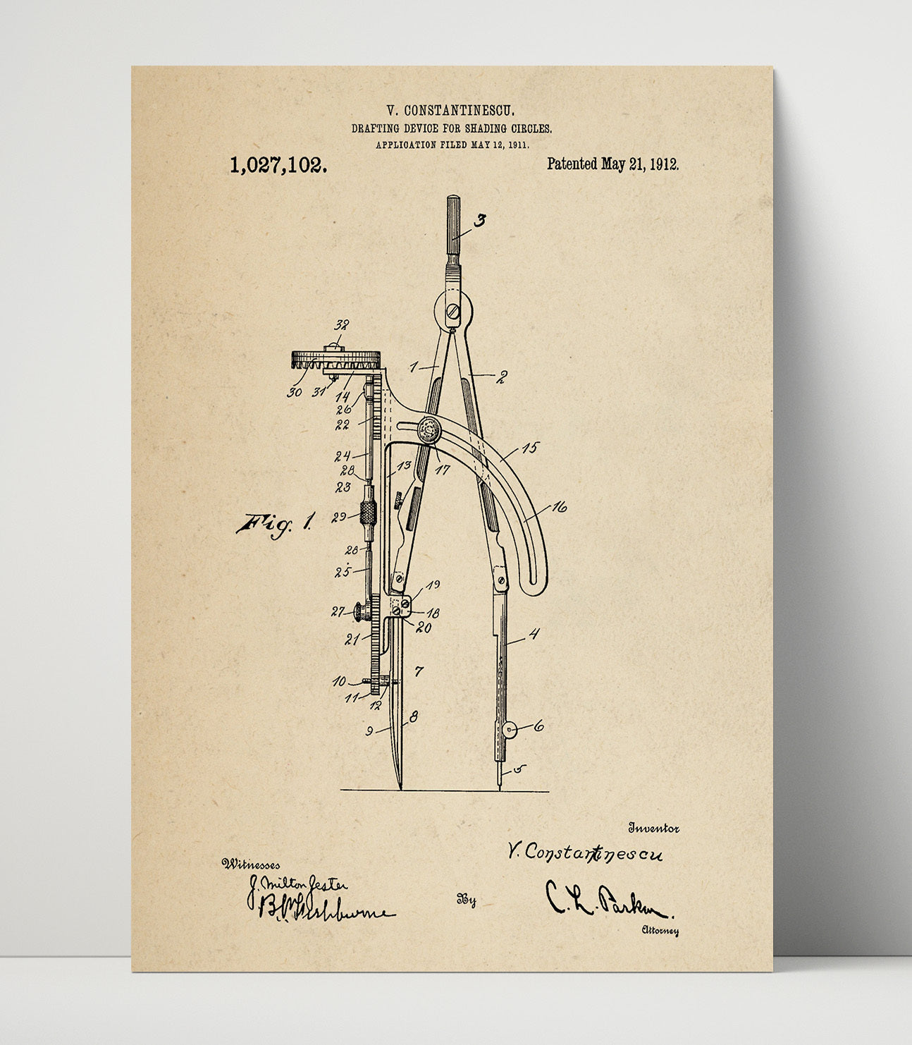 Patent Print - Drafting Device For Shading Circles - V Constantinescu - 1912 - Patent 1027102 Patent Wall Art