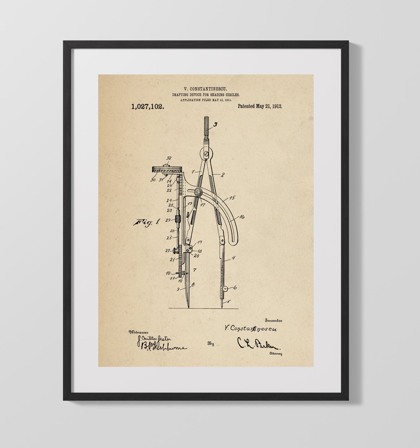 Patent Print - Drafting Device For Shading Circles - V Constantinescu - 1912 - Patent 1027102 Patent Wall Art